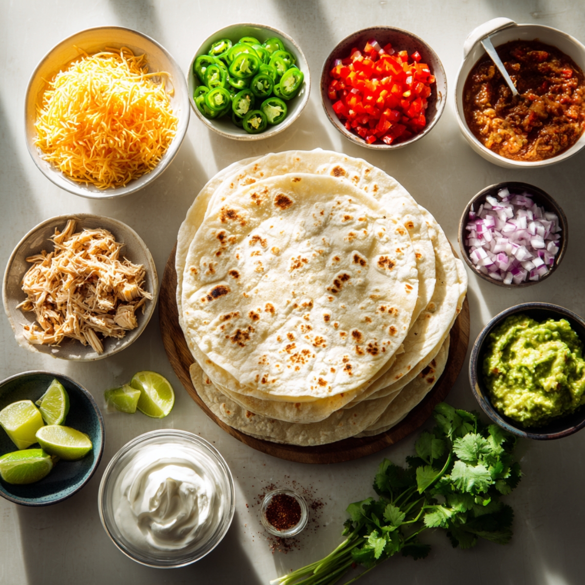 Overhead view of a light countertop with a stack of flour tortillas at center, surrounded by bowls of shredded cheddar cheese, sliced jalapeños, diced red bell peppers, chunky salsa, chopped red onions, guacamole, lime wedges, sour cream, a small dish of chili-lime seasoning, and a bunch of fresh cilantro. Sunlight casts soft shadows across the vibrant ingredients.