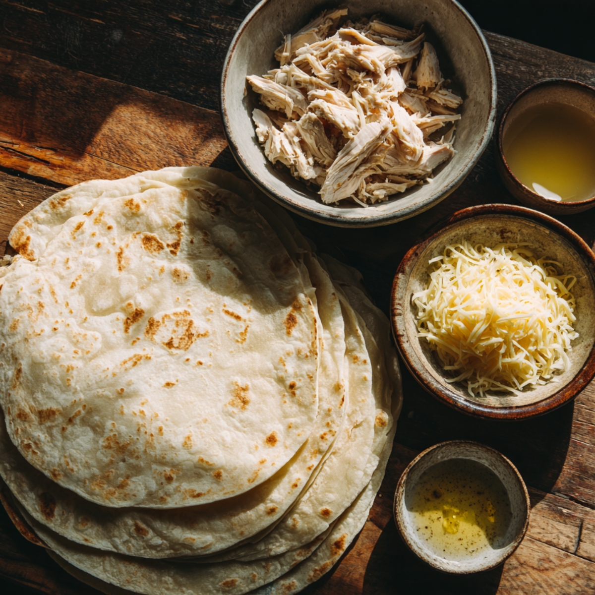 Top-down shot of a rustic wooden table featuring a stack of large flour tortillas fanned out next to bowls of shredded cooked chicken, a pile of shredded cheese, melted butter in a small dish, and a drizzle of oil in another. Warm daylight highlights the textures of the tortillas and toppings.