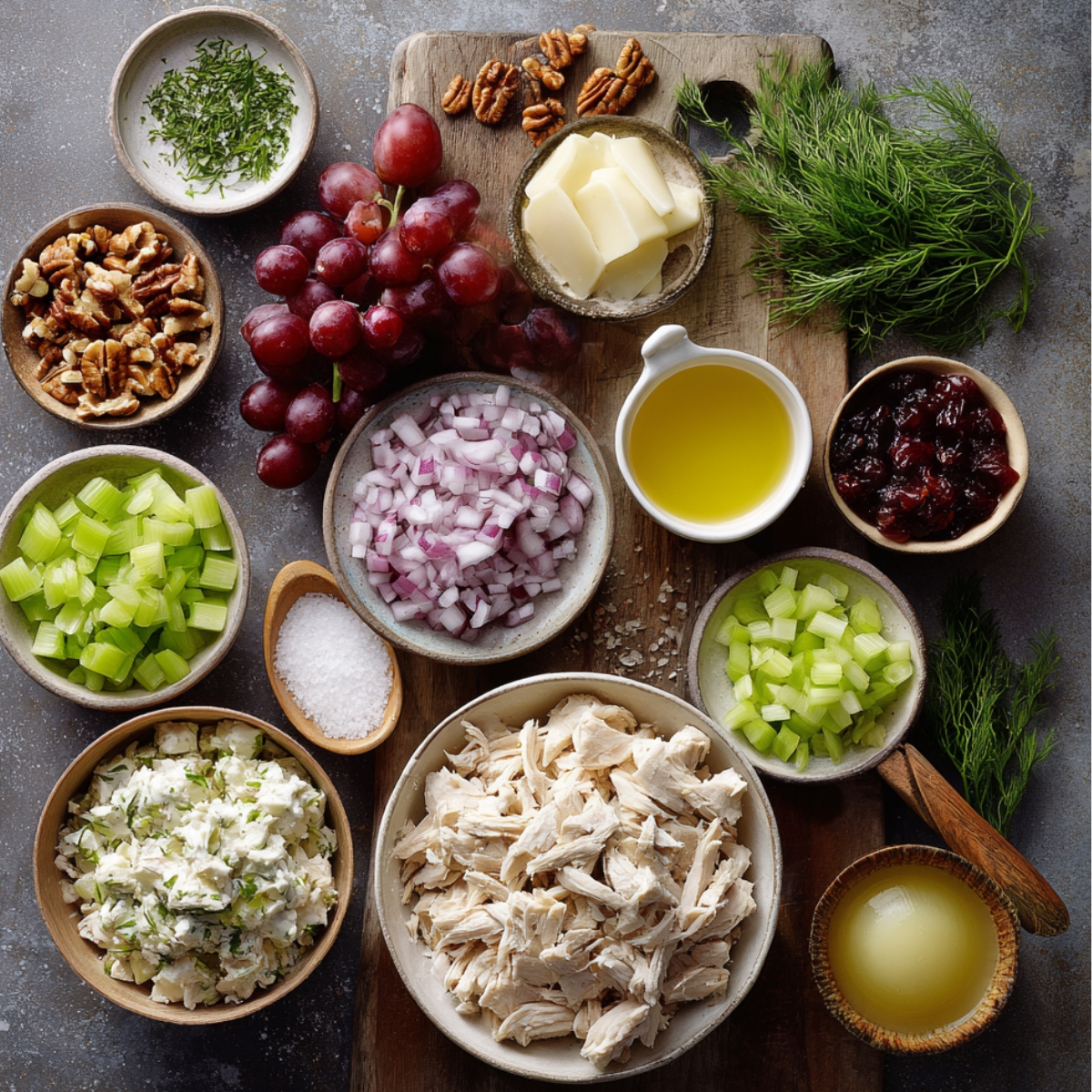 Overhead shot of a wooden board and small bowls holding shredded cooked chicken, diced celery, halved red grapes, chopped pecans, minced red onion, fresh dill, a bowl of mayonnaise, a small dish of olive oil–lemon juice mix, Dijon mustard, and a pinch of salt, all arranged neatly for making chicken salad