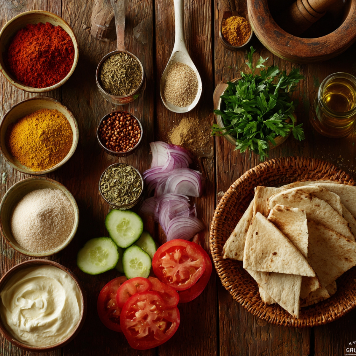 Overhead on a worn wooden table: nine small bowls/spoons of shawarma spices (cumin, paprika, turmeric, coriander, cinnamon, cardamom, salt, pepper, garlic powder) in a semicircle around a mortar and pestle. Below, a basket of toasted pita triangles, neat cucumber rounds, tomato slices, red-onion crescents, a dish of tahini, and a sprig of parsley, all lit by soft window ligh