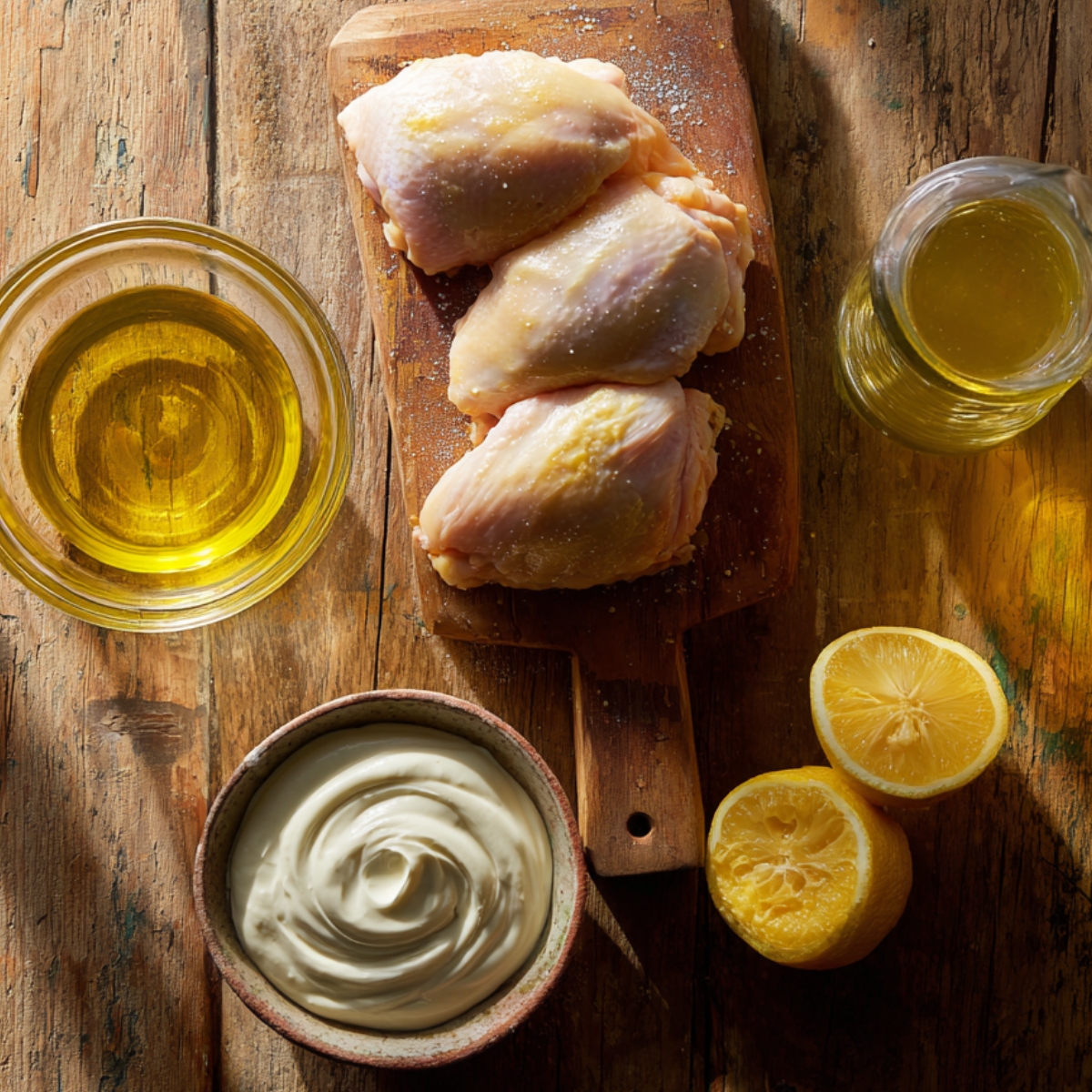 Top-down on a weathered wood board: three raw, oil-glazed chicken thighs on a cutting board dusted with salt; next to them, a glass bowl of olive oil, a carafe of lemon juice, a halved lemon, and a bowl of creamy yogurt, all bathed in warm, directional light.