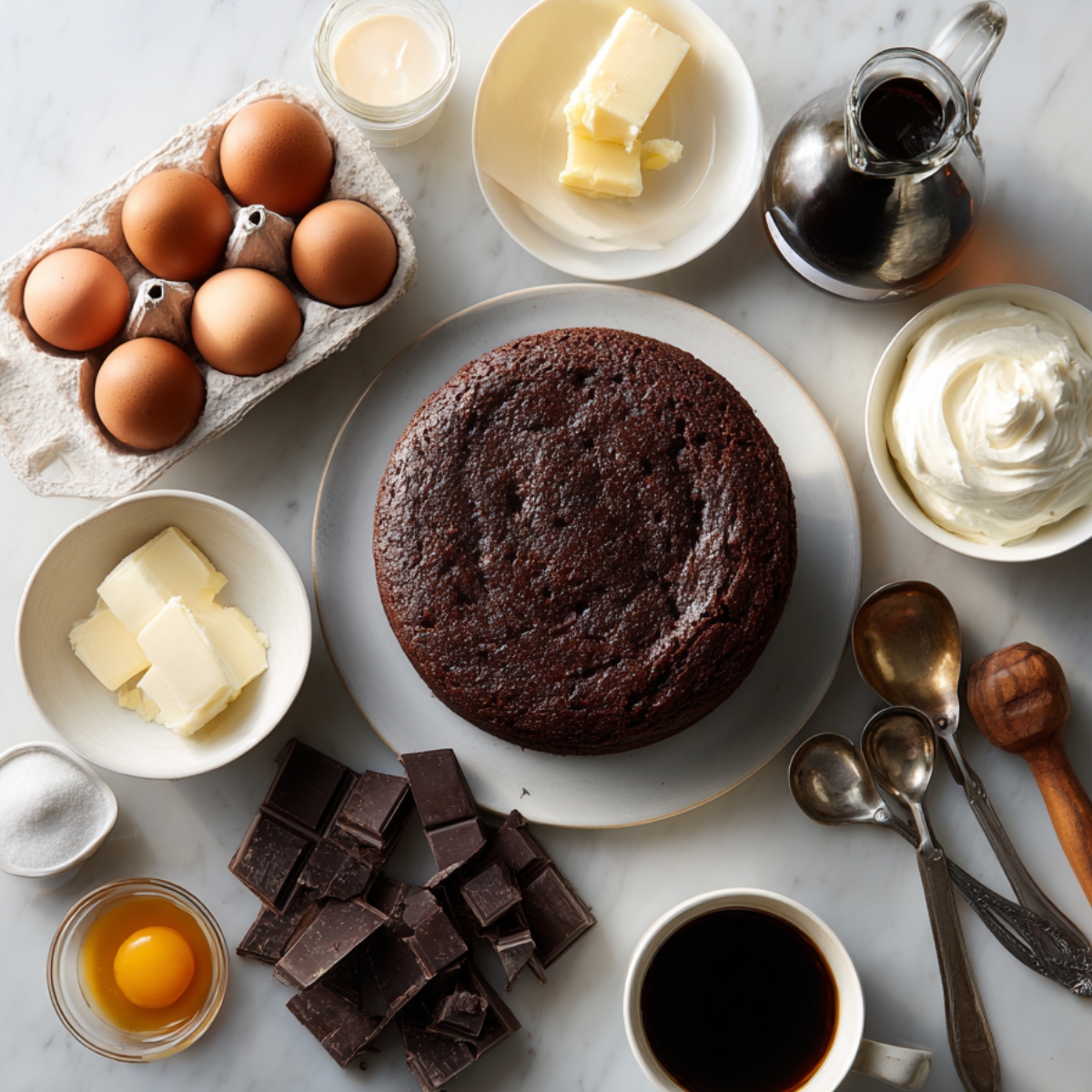 An array of “moisture makers” for the cake: a bowl of eggs, a small bowl of buttermilk, a cup of strong black coffee, and a whisk on a countertop.