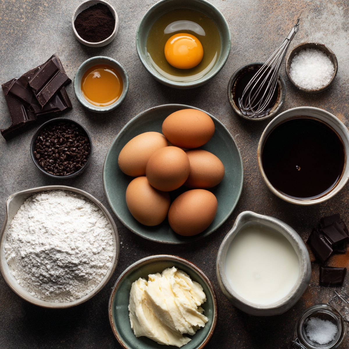Overhead view of key dry ingredients—flour, cocoa powder, granulated and brown sugars, baking powder, baking soda, and salt in bowls on a textured surface.