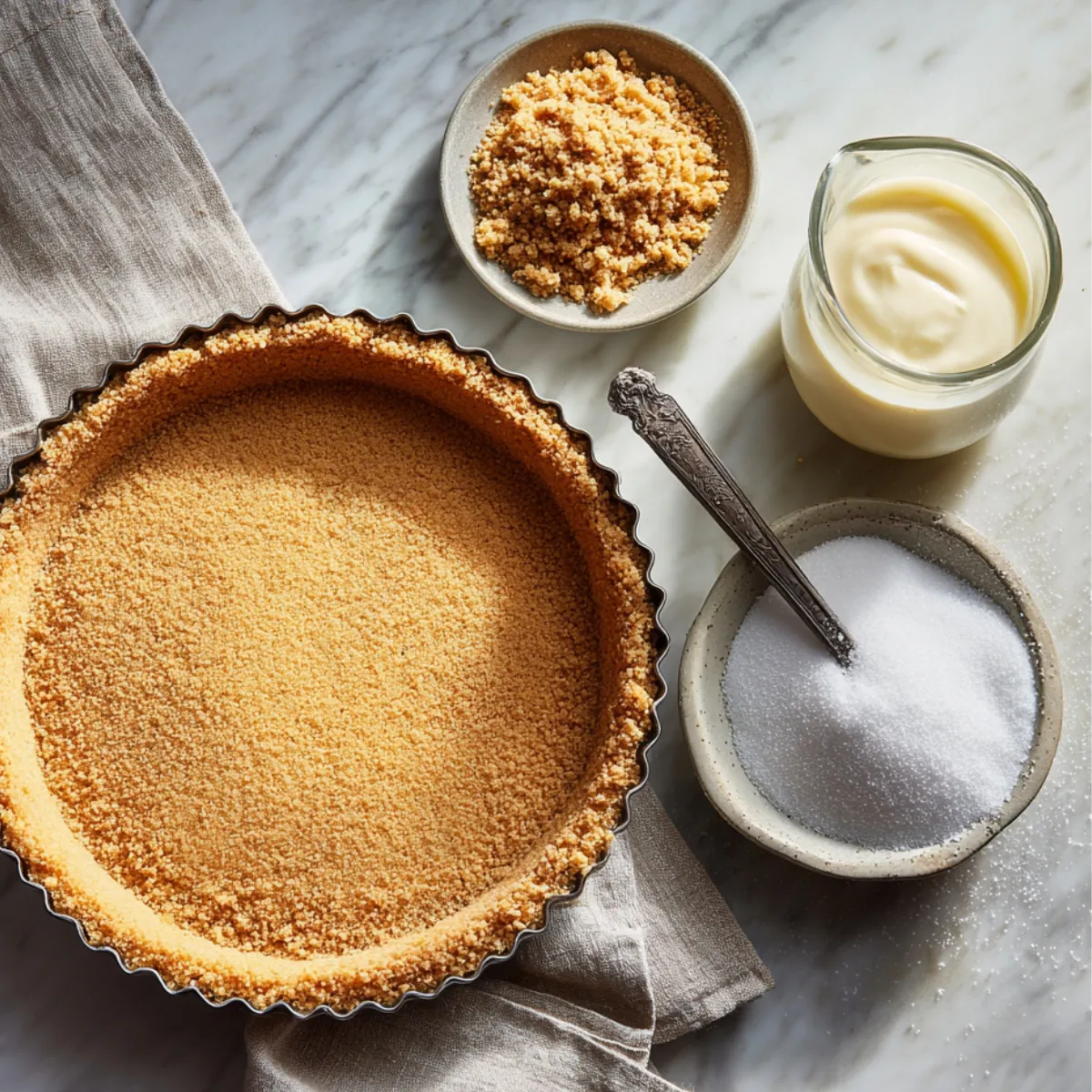 Overhead shot of a round tart pan on a gray marble countertop, its golden graham‑cracker crust perfectly pressed with a small bowl of extra crumbs, a glass jug of cream, and a dish of sugar arranged artfully around it.