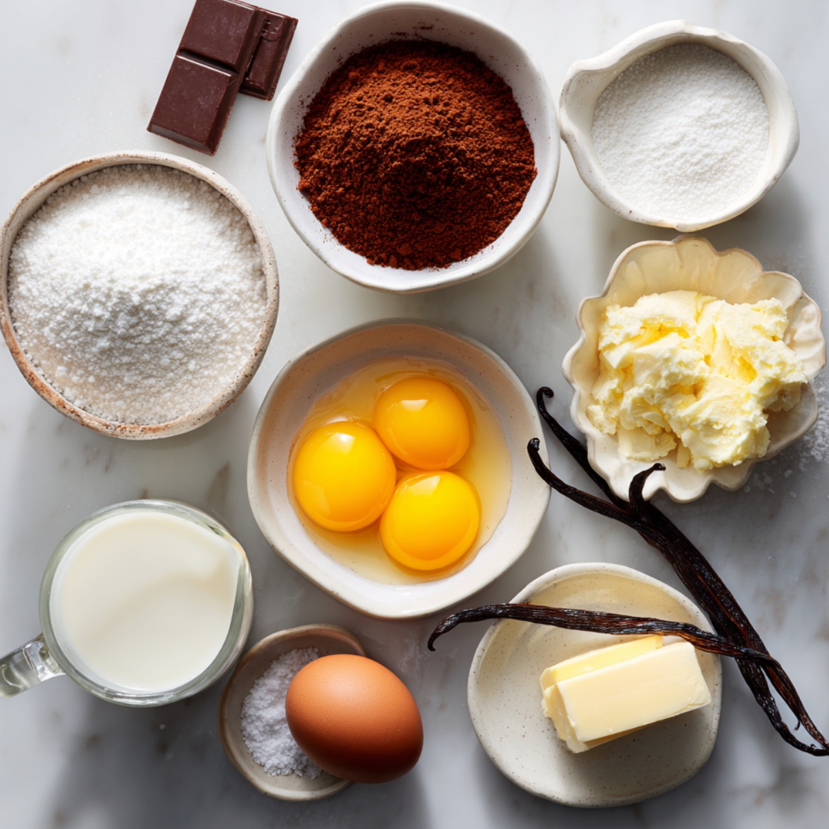 Flat lay of pie‑filling ingredients on white marble: a bowl of granulated sugar, Dutch‑process cocoa powder, cornstarch, dark chocolate chunks, egg yolks, butter, vanilla bean, salt, and a small pitcher of milk.