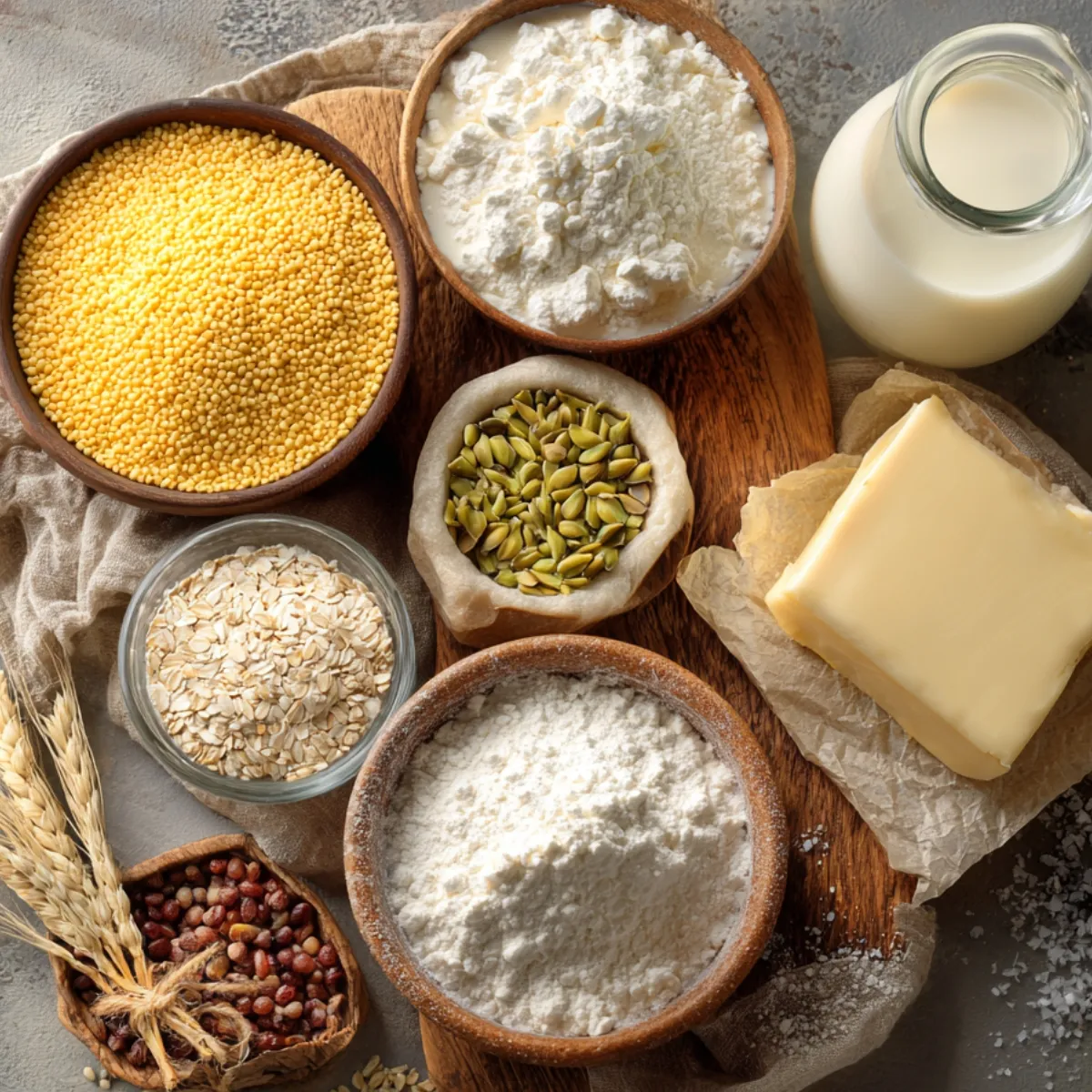 Overhead view of a rustic wooden board and linen cloth scattered with cooking ingredients: a small wooden bowl of bright yellow corn kernels, a matching bowl of white flour, a glass pitcher of heavy cream, another of whole milk, a slab of butter on parchment, a ceramic bowl of flour, a glass jar of sugar, vintage salt and pepper shakers, a wedge of cream cheese on parchment paper, sprigs of fresh thyme, a tiny dish of garlic powder, a tiny dish of paprika, a small bowl of green pumpkin seeds, a glass bowl of rolled oats, and a little basket of red beans with wheat stalks.