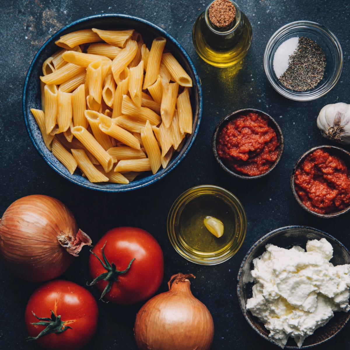 Overhead on a dark slate surface: a blue bowl of uncooked penne, a small bottle of olive oil, a glass dish of salt and Italian seasoning, a whole garlic bulb, two small bowls of canned crushed tomatoes, a shallow bowl of olive oil with a garlic clove, two yellow onions, two fresh tomatoes, and a bowl of creamy ricotta‑style cheese.