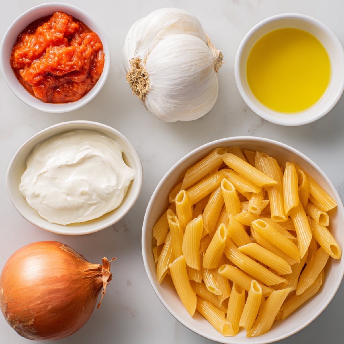 Top‑down on a light marble countertop: a white bowl of canned crushed tomatoes, a garlic bulb, a small white dish of olive oil, a bowl of heavy cream, a yellow onion, and a white bowl of cooked penne pasta.