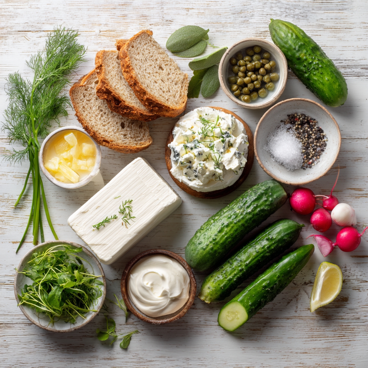 "A beautifully arranged scene featuring all the ingredients needed for cucumber sandwiches. Slices of rustic bread, fresh cucumbers, radishes, lemon wedges, herbs like dill and chives, and a block of cream cheese, all beautifully laid out on a wooden table with small bowls of additional seasonings and capers for extra flavor."