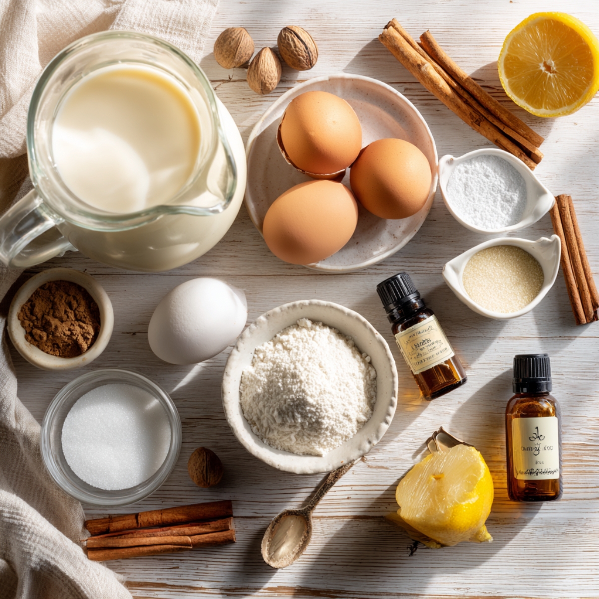 A flat lay of custard recipe ingredients on a light wood surface: a glass jug of milk, three brown eggs on a small plate, small dishes of sugar and salt, cinnamon sticks, whole nutmeg, a lemon half and zest, flour in a bowl, and bottles of vanilla and almond extract.