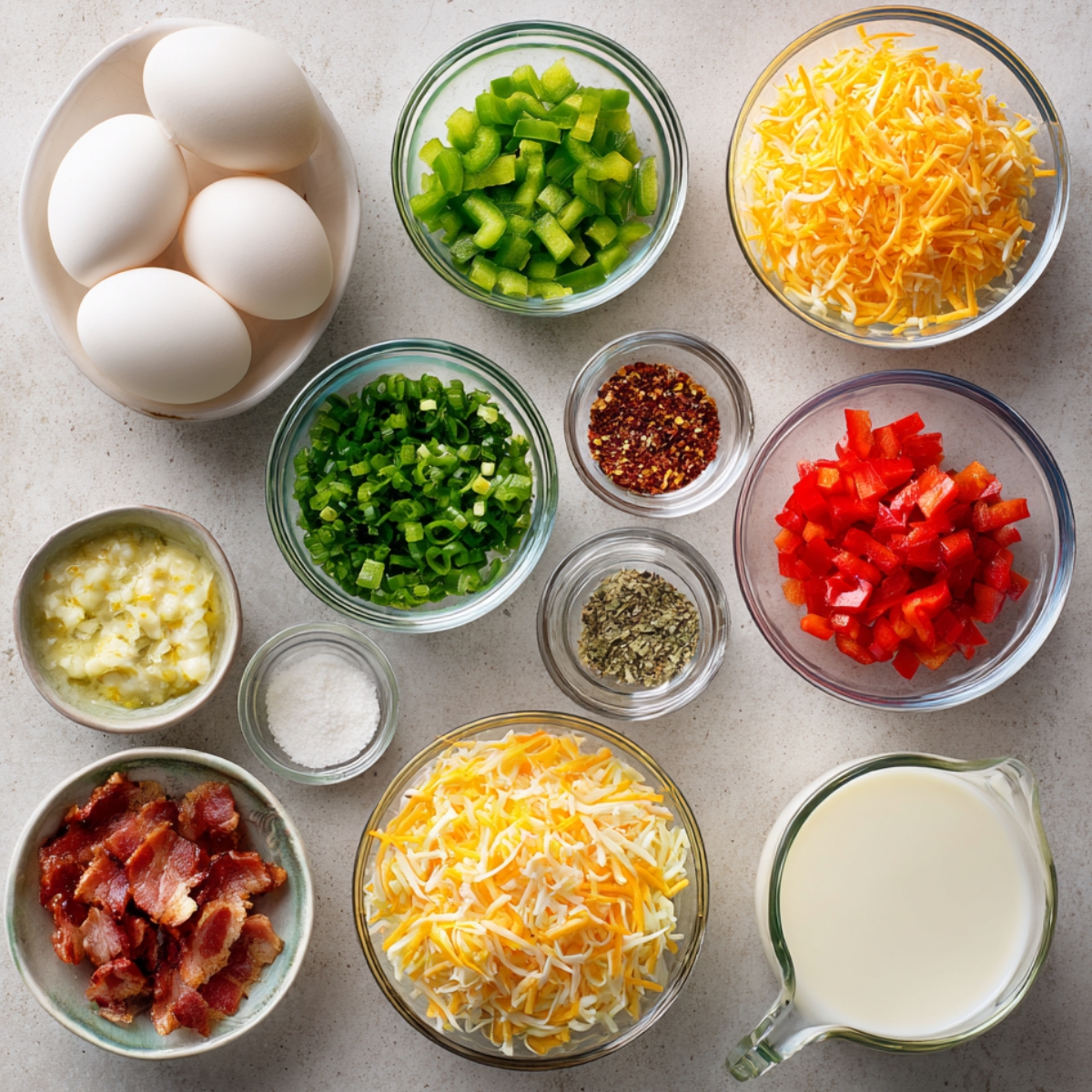 A well-organized flat lay of individual egg muffin ingredients placed in glass bowls on a light surface. Includes whole eggs, diced red and green peppers, shredded cheese, milk, chopped herbs, seasonings, and cooked bacon. The display is neat and clean, with even spacing between the bowls.