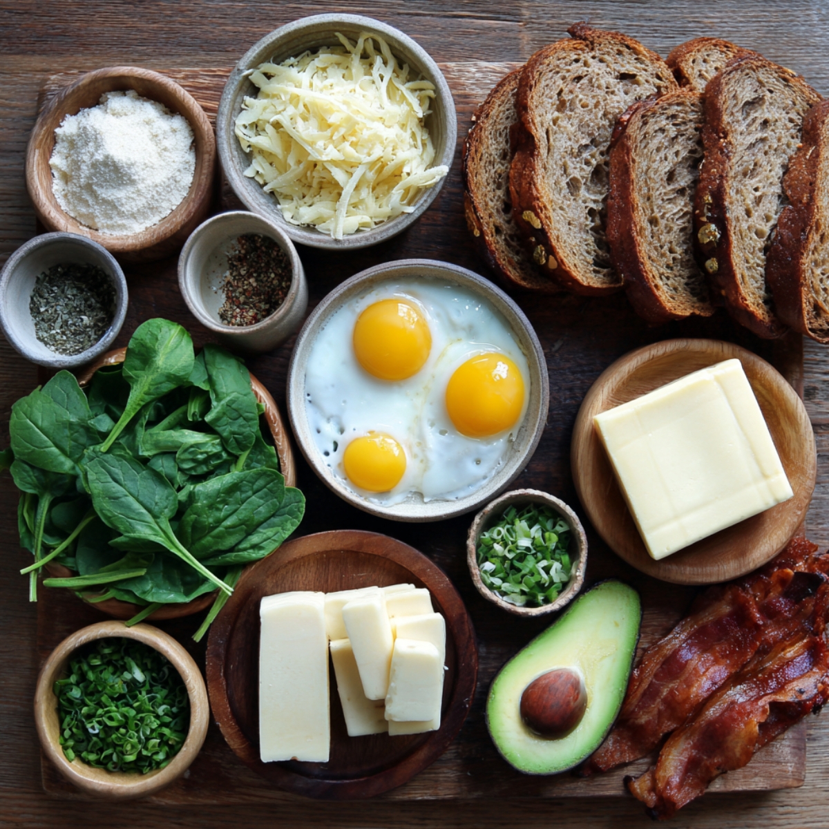 “Overhead view of egg sandwich ingredients artfully arranged on a wooden board: a small bowl of three sunny-side-up eggs, slices of multigrain bread, shredded cheddar and grated Parmesan in dishes, leafy spinach, a halved avocado, crispy bacon strips, chopped chives and mixed herbs.”
