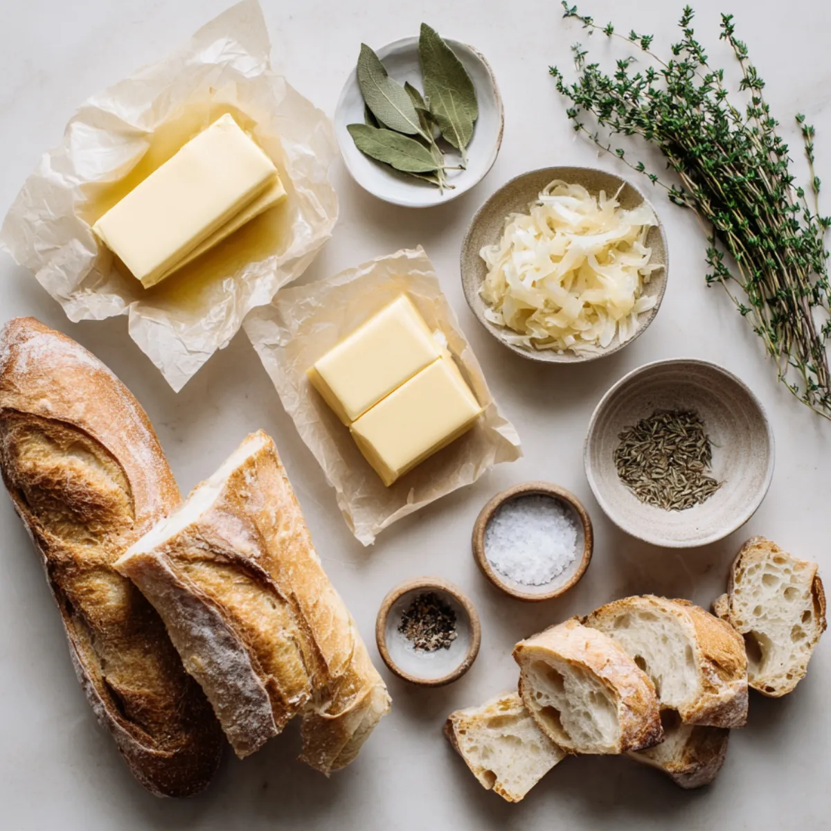 Overhead flatlay of butter, thyme, bay leaves, salt, pepper, sugar, Gruyère and baguette slices for French onion soup.