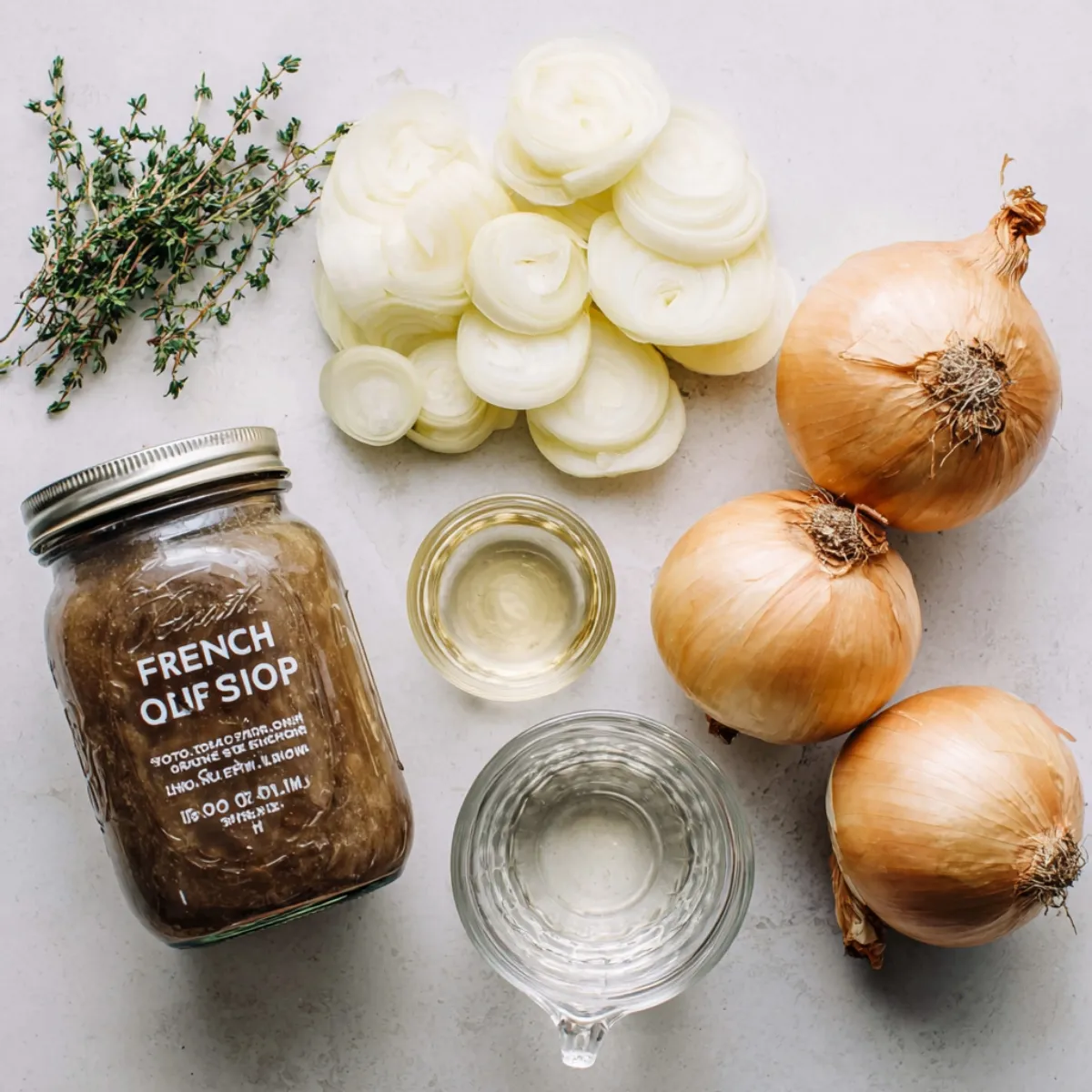 Top-down view of yellow onions, thyme, beef broth jar, white wine and water—core ingredients for French onion soup.