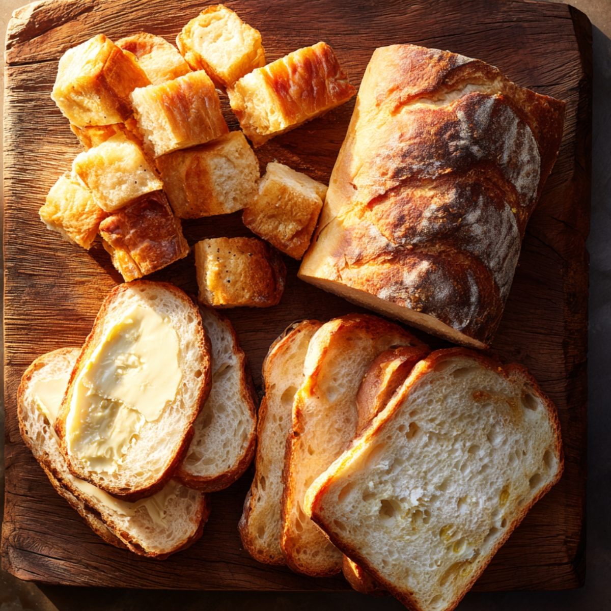 A rustic wooden cutting board holds four homemade bread varieties under warm, late-morning light: in the top left, golden, irregular cubes of day-old brioche with crisp edges; to the right, a halved French boule dusted with flour; below, three thick sourdough slices—one smeared with melting butter—showing an open, chewy crumb; and in the bottom right, two slabs of thick Texas toast with pillowy white interiors. Soft shadows fall across the board’s deep wood grain.