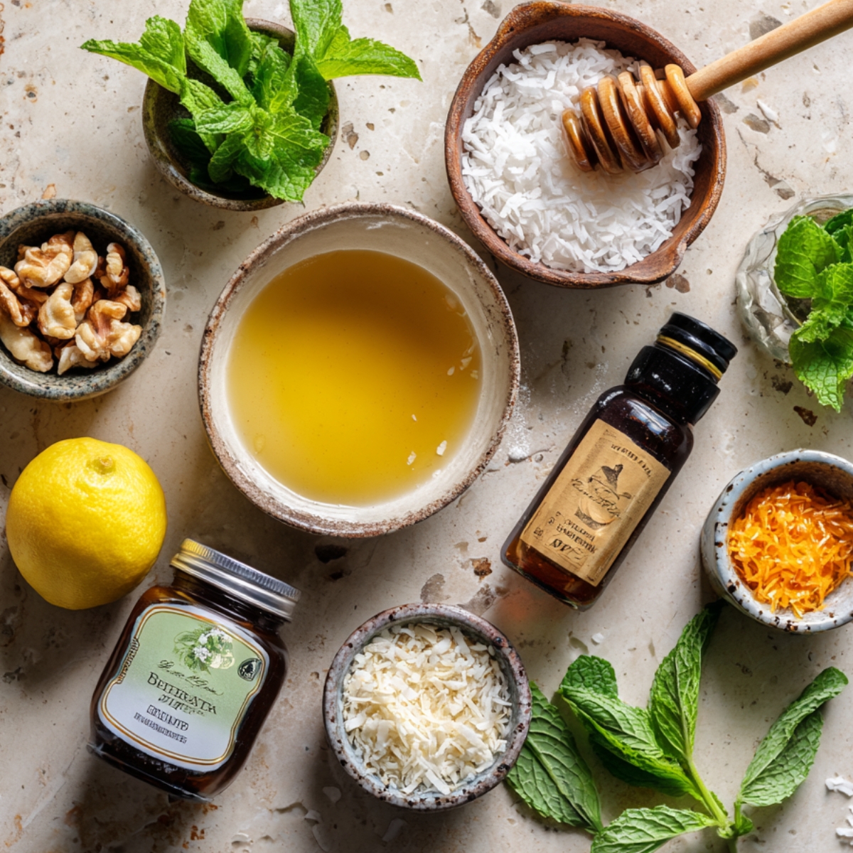 An overhead view of ingredients for a fruit salad dressing, featuring honey, lemon, vanilla extract, shredded coconut, chopped nuts, mint leaves, and orange zest, arranged on a light stone surface.