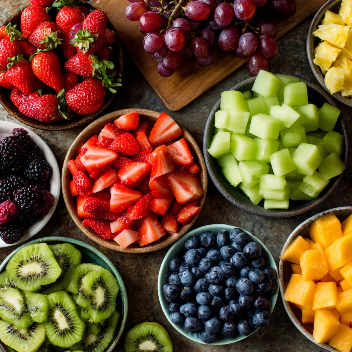 A colorful top-down layout of fresh fruit ingredients for salad, including strawberries, blueberries, kiwi, grapes, pineapple, cantaloupe, and honeydew, all chopped and displayed in small bowls.