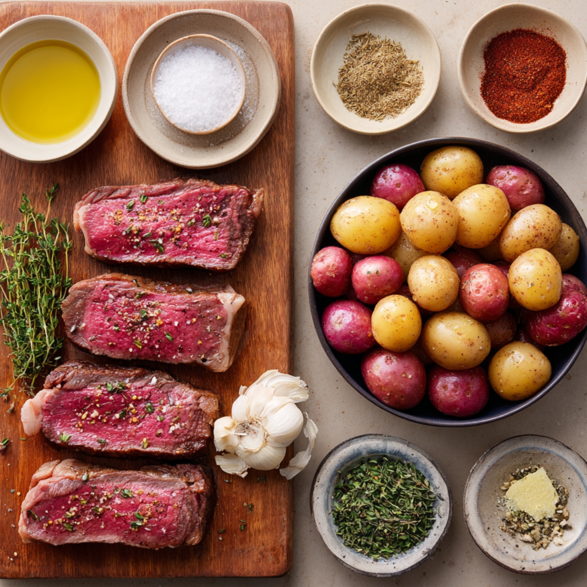 Overhead shot of seasoned sirloin steaks on a wooden board, a bowl of baby red and gold potatoes, and small dishes of olive oil, salt, thyme, and smoked paprika.