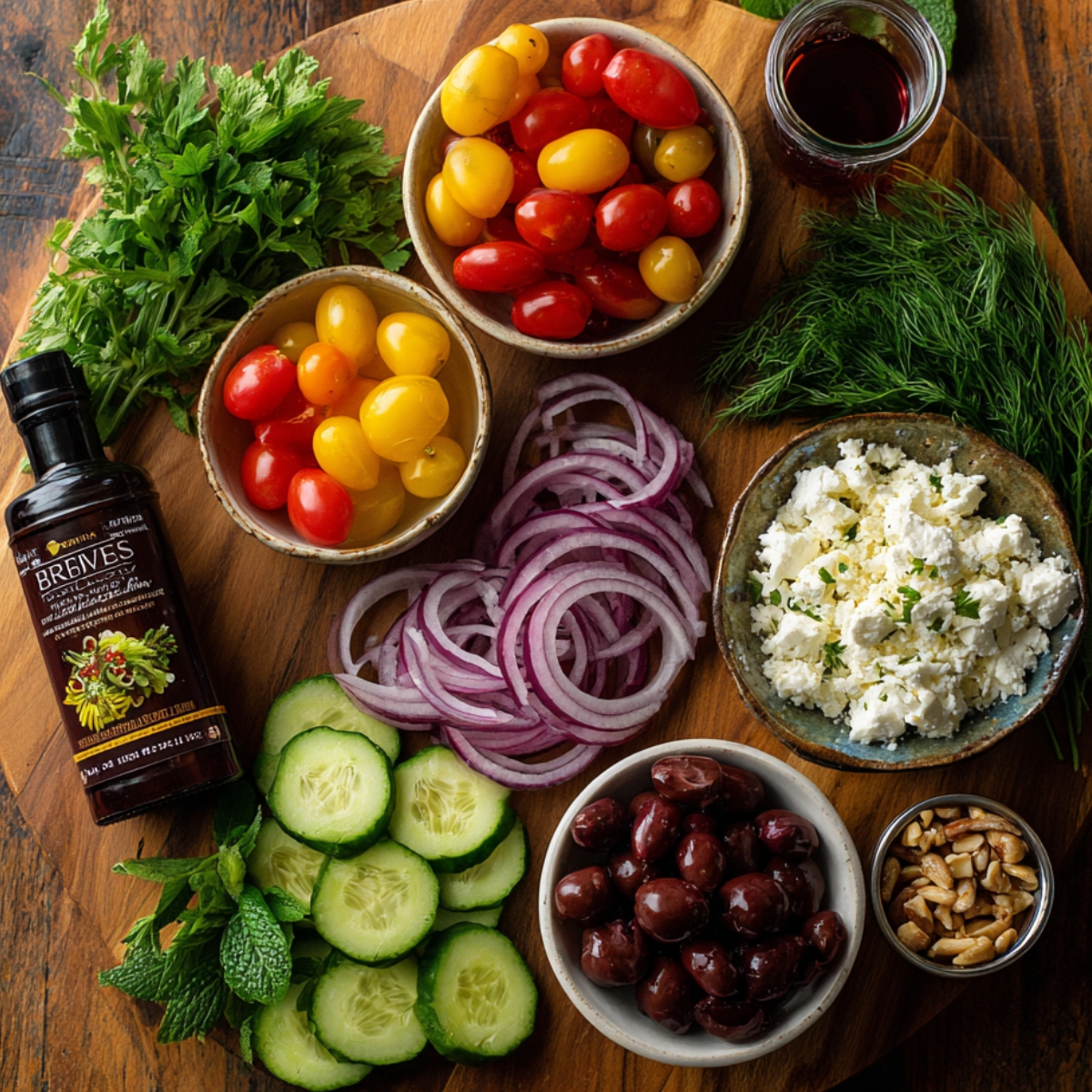 Close‑up of a wooden bowl filled with Greek orzo salad: pearly orzo mixed with halved red and yellow cherry tomatoes, cucumber cubes, Kalamata olives, crumbled feta, and chopped parsley, all glistening with a light lemon‑olive oil dressing.