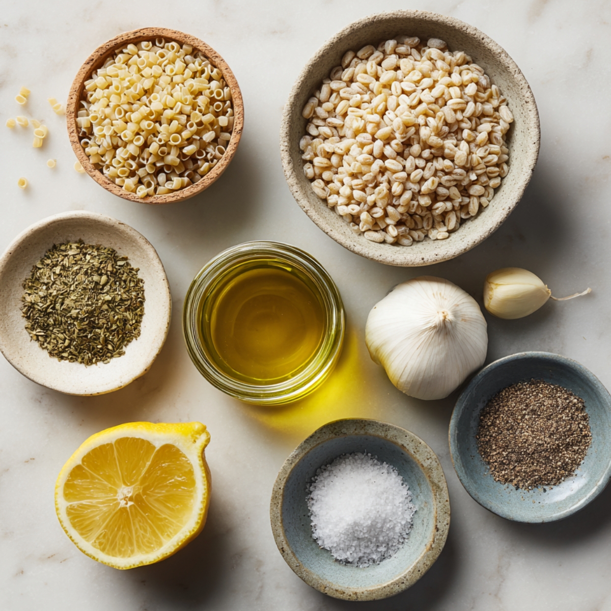 Clean overhead view of a glass mixing bowl containing olive oil and lemon juice being whisked; surrounding it are small dishes of minced garlic, dried oregano, coarse salt, and cracked black pepper on a marble surface.