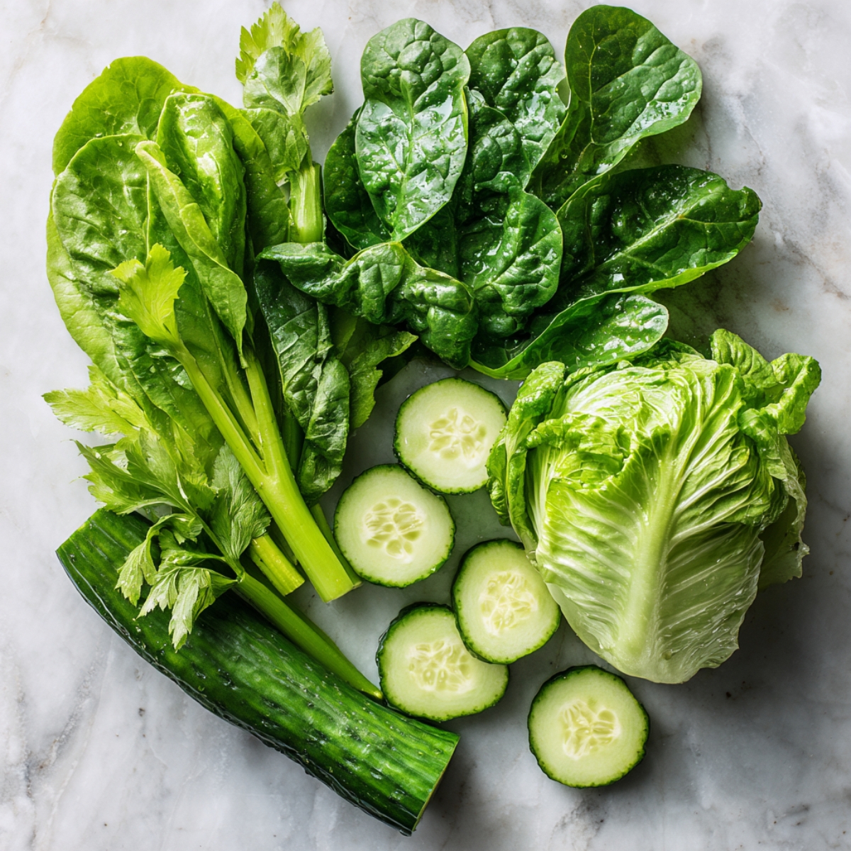 “An overhead view of fresh green-juice base ingredients on a white marble countertop: a romaine lettuce heart with pale-green ribs and darker outer leaves; several crisp cucumber slices alongside a cucumber segment; three celery stalks with leafy tops intact; and a small cluster of spinach and kale leaves showcasing their contrasting smooth and crinkled textures, all illuminated by soft natural light that accentuates their dewy surfaces.