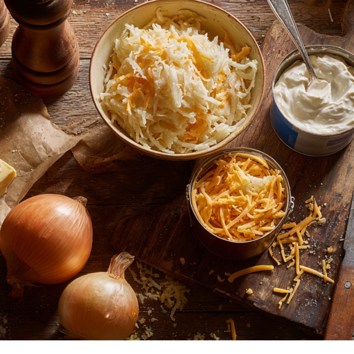 Overhead view on a wooden table: a bowl of hashbrowns mixed with cheddar, an open jar of sour cream, a tin of cheese, two whole onions, a stick of butter on parchment, and a pepper mill.