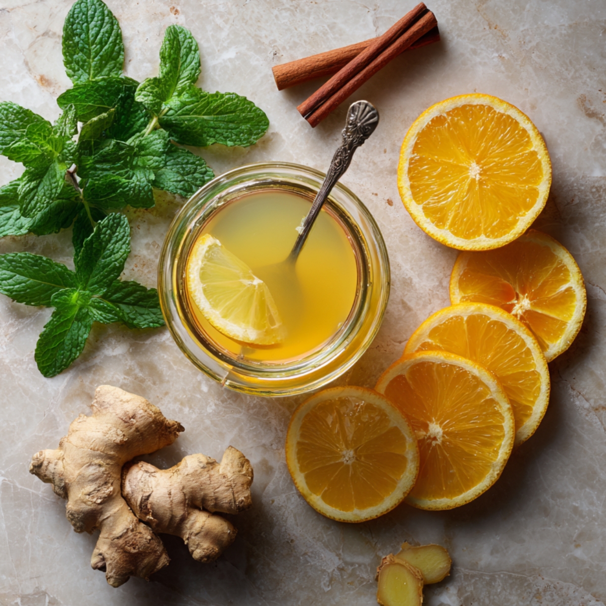 Top‑down view on a marble surface of fresh mint sprigs, two cinnamon sticks, a small glass bowl of lemon juice with a slice floating inside, a row of orange slices, a knob of fresh ginger with two thin slices beside it.