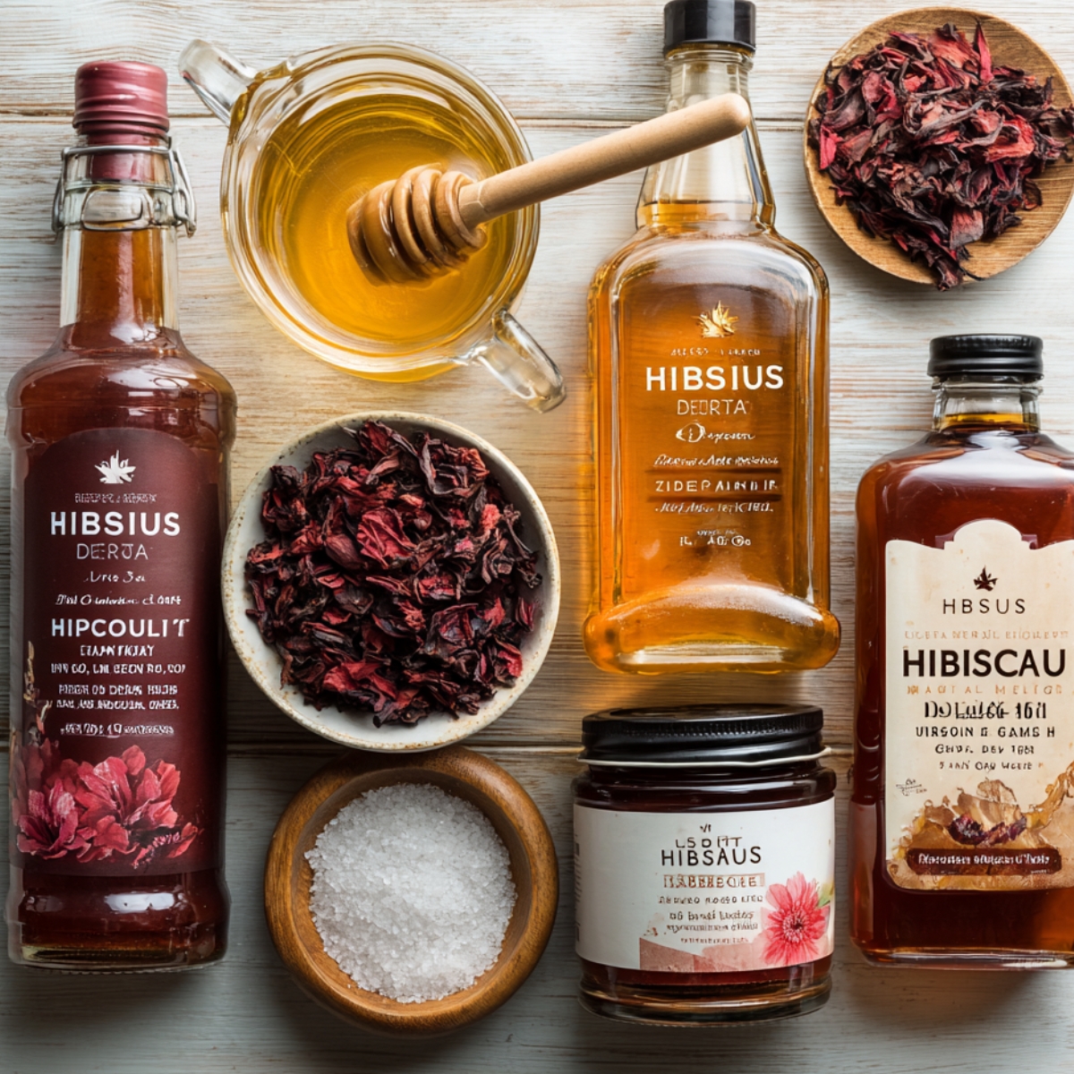 A light wooden tabletop flat‑lay showing a glass pitcher of honey with a dipper, two bottles of hibiscus syrup, a small bowl of dried hibiscus petals, and a wooden bowl of sea salt.