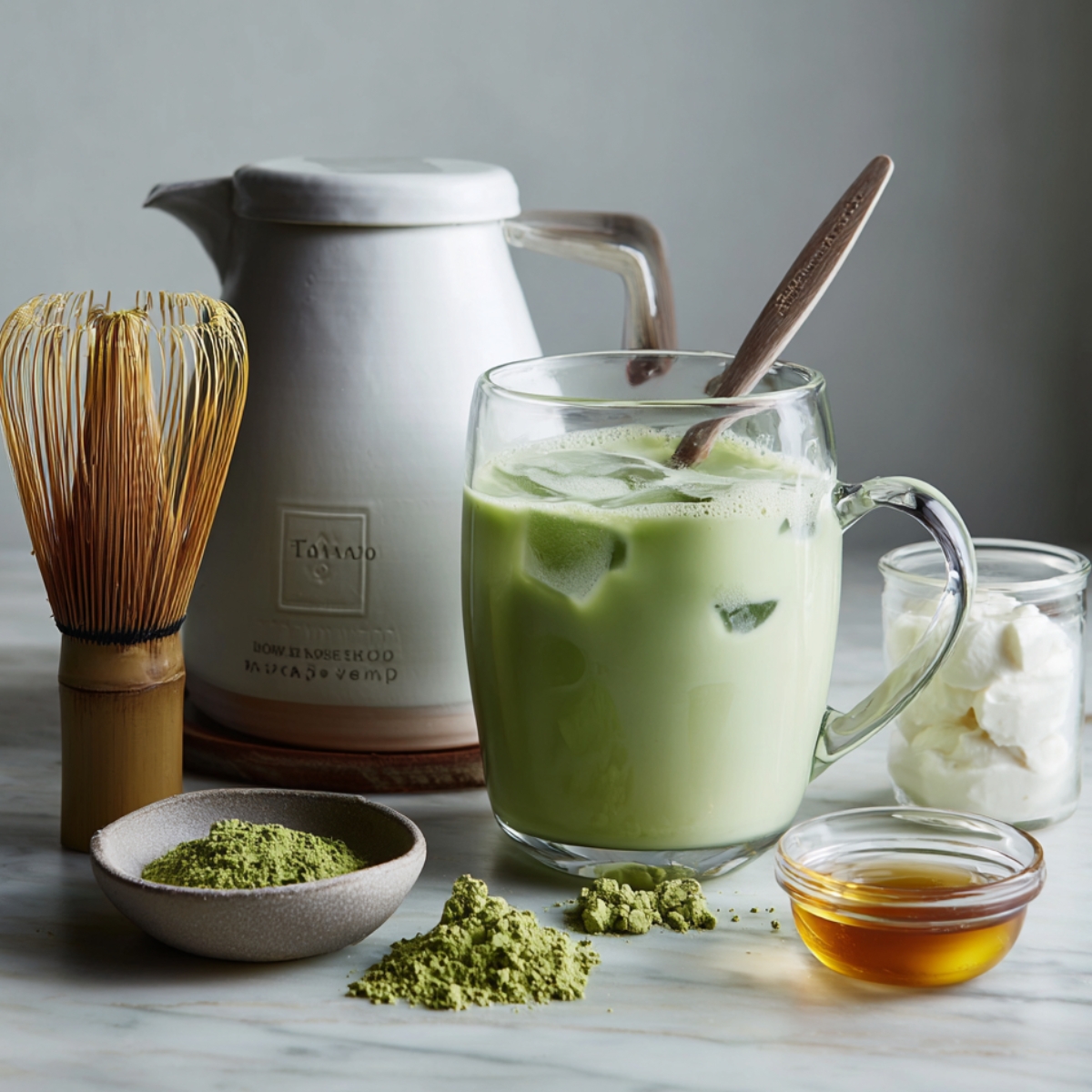 A bamboo matcha whisk standing next to a white teapot and a clear mug of pale green iced matcha latte, with a small bowl of loose matcha and a jar of whipped cream in the background.