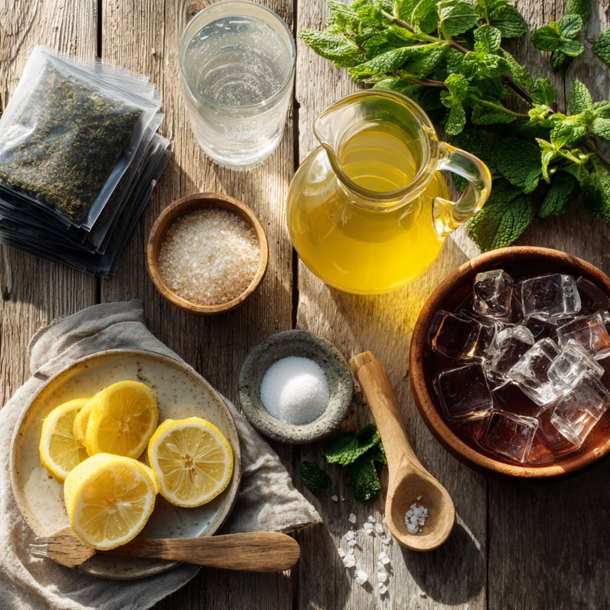 A warm, sunlit overhead shot of a rustic wooden table scattered with all the makings for ice-cold tea: a stack of sealed black tea bags, a tall glass of sparkling water, a small wooden bowl of coarse sugar, a glass pitcher half-filled with golden tea, a wooden bowl brimming with clear ice cubes, fresh mint sprigs spilling over the table’s edge, a ceramic plate of bright yellow lemon halves on a linen napkin, and a wooden spoon holding a pinch of flaky salt—each element arranged casually to evoke a cozy, homemade summer refreshment scene.