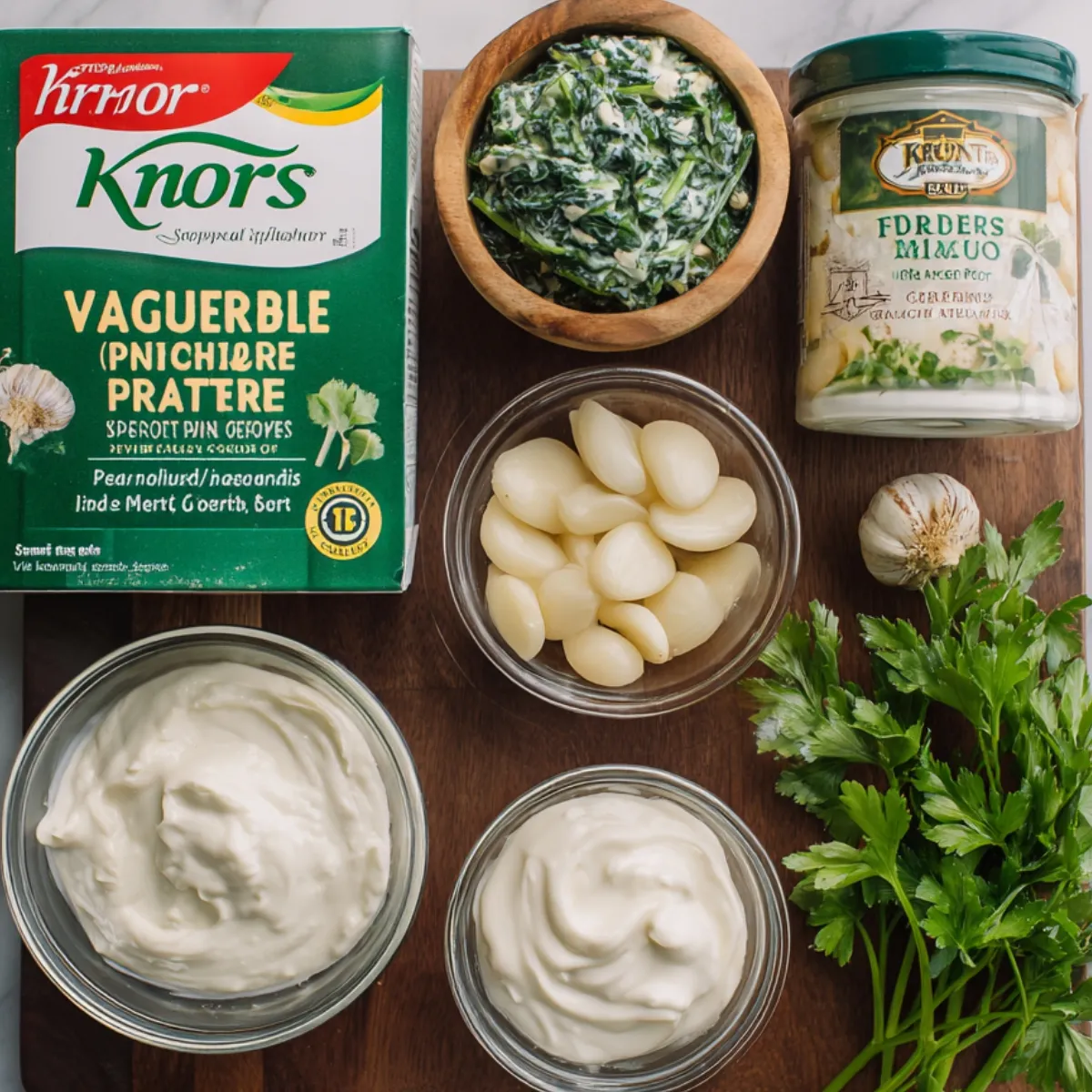 Top‑down shot of a wooden board displaying a box of Knorr Vegetable Recipe Mix, a wooden bowl of thawed chopped spinach mixed with mayo and sour cream, a jar of water chestnuts, a garlic bulb, sprigs of fresh parsley, and two glass bowls—one of sour cream, one of mayonnaise
