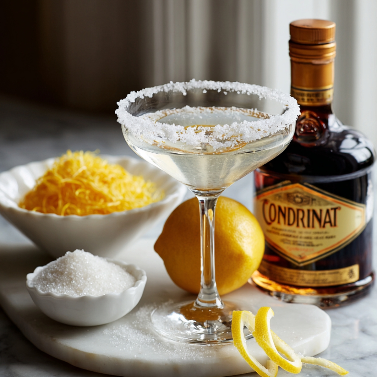 A homemade lemon drop martini on a white marble slab in a classic coupe glass, its rim thickly coated with coarse sugar. Behind the glass sits a small scalloped bowl piled high with bright yellow lemon zest, and in front, a matching dish holds fine granulated sugar. A whole ripe lemon leans against the glass stem, and a single spiral of lemon peel curls at its base. To the right, an amber-tinted Condrintat liqueur bottle reflects soft, diffused window light, casting gentle highlights on the marble surface and evoking a cozy home-bar setting.