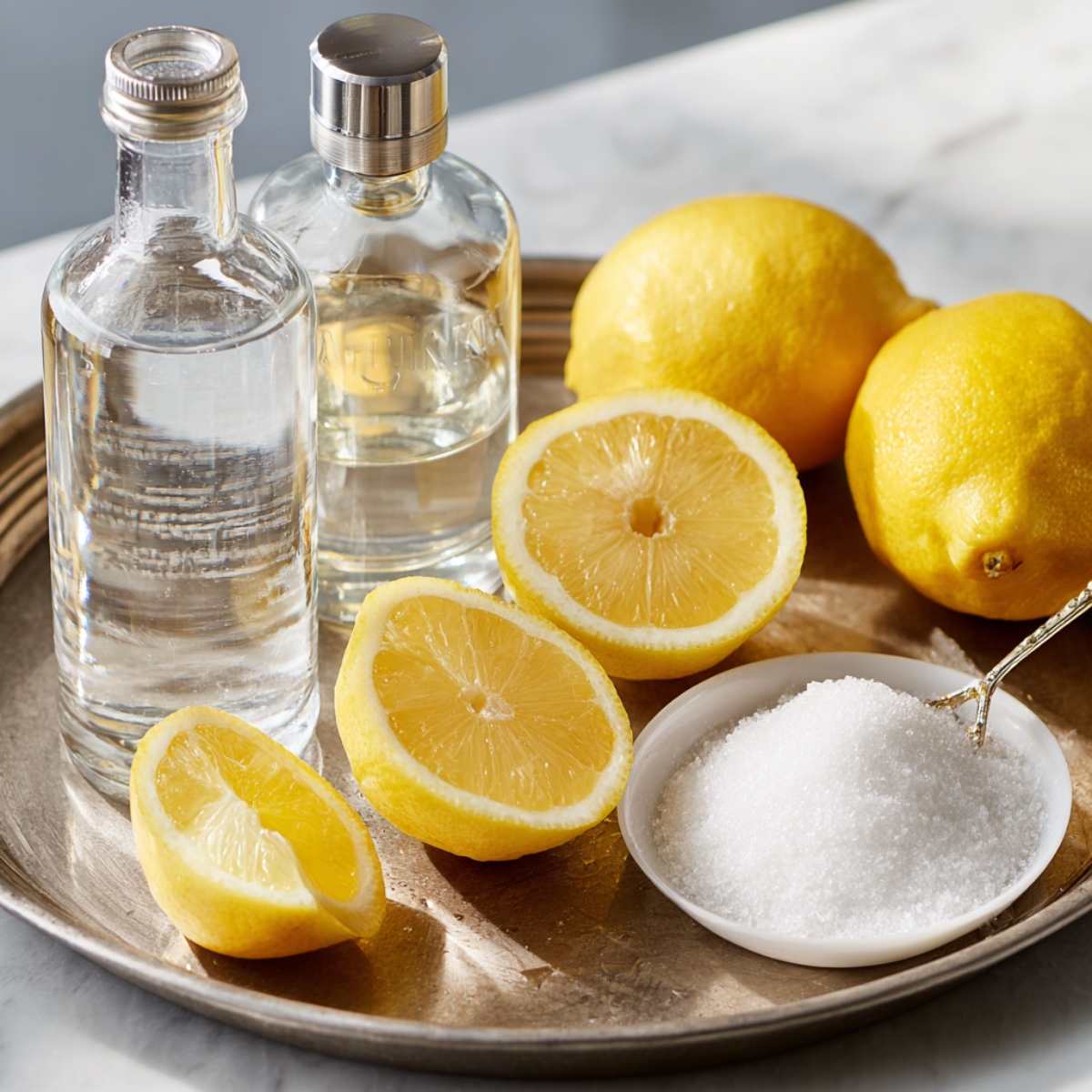 All of the raw ingredients for a lemon drop martini arranged on a round brass tray atop a marble countertop: two clear glass bottles (one vodka, one simple syrup), three bright yellow lemons (two whole, one halved), and a small white dish filled with fine granulated sugar with a tiny silver spoon resting inside. The lemons’ textured rinds catch warm natural light, and the scene feels invitingly homemade and ready for cocktail assembly.