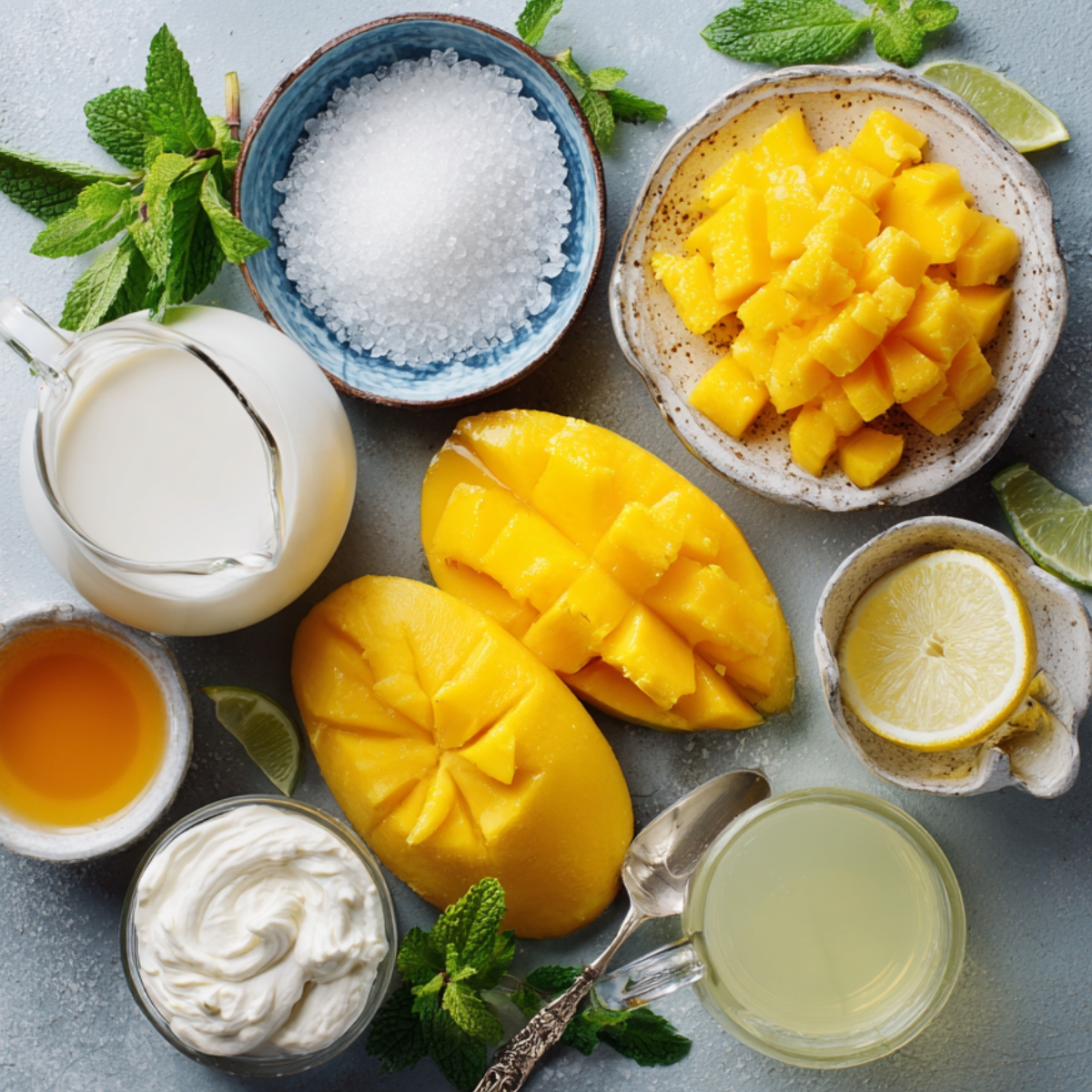 Overhead shot of all mango mousse ingredients arranged on a gray marble surface: two mango halves scored in a hedgehog pattern, a small bowl of diced mango, a glass pitcher of heavy cream, a ramekin of granulated sugar, a bowl of bloomed gelatin crystals, a small cup of lime juice with lime wedges, a tiny bottle of vanilla extract, a dollop of whipped cream, and sprigs of fresh mint.