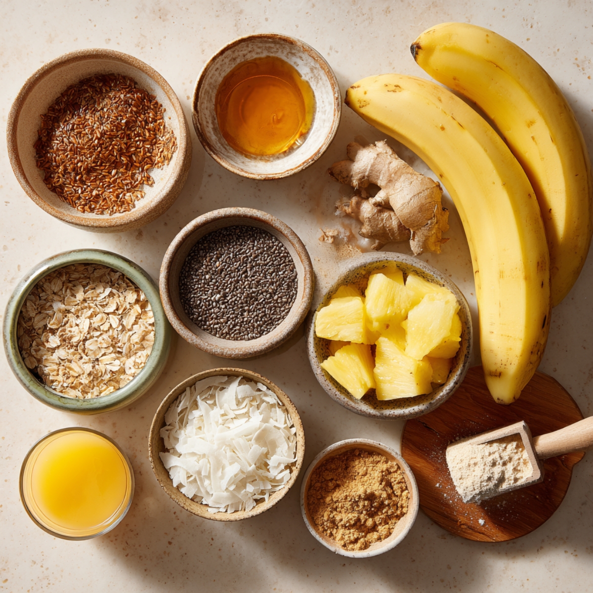 Top-down shot of a blender container filled with diced mango, frozen coconut milk cubes, and a hand pouring coconut milk into it. The blender is on a white marble countertop. Fresh, colorful, inviting, and natural lighting.