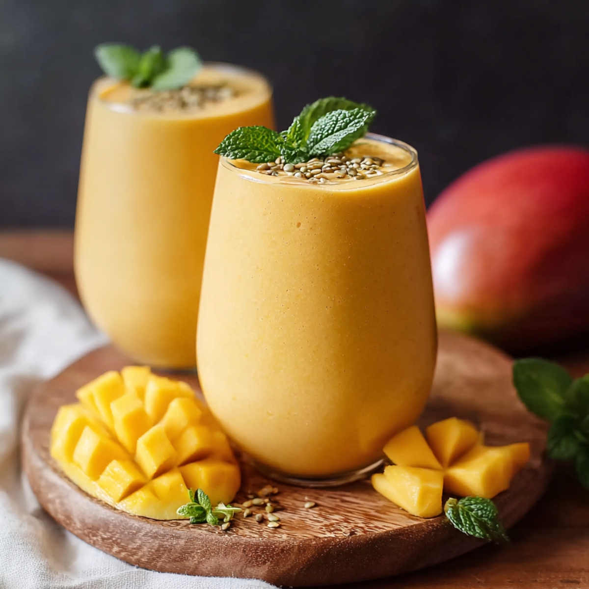 Top-down realistic photo of fresh mango smoothie ingredients on a white marble countertop. Include diced ripe mango, creamy Greek yogurt in a small bowl, glass jug of coconut milk, bowl of ice cubes, small bowl of honey, and a halved lime. Clean, bright, fresh, and homemade look with natural light.