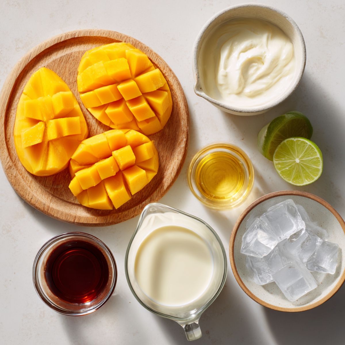 Top-down image of a blender mid-blend showing creamy, smooth golden mango smoothie swirling inside. Blender has a clear glass jar and is placed on a white countertop. Soft natural light highlights the texture and color. Homemade and fresh feel.