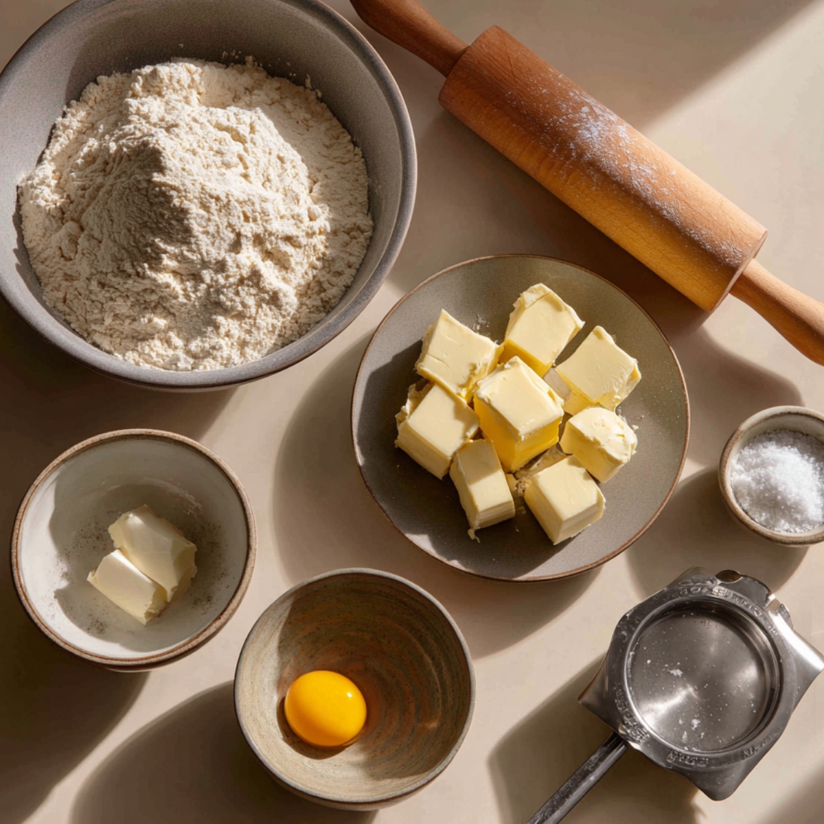 Close‑up overhead of two hands using a fork to press and crimp the edges of top and bottom pie crust together in a white dish on a lightly floured surface.