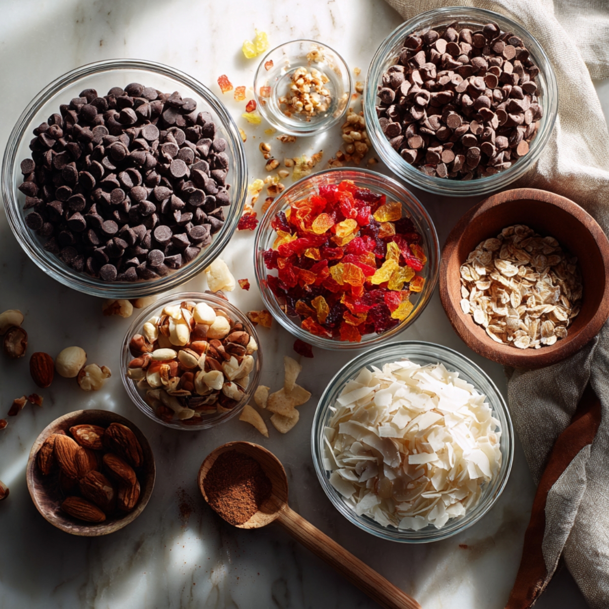 A brightly lit marble countertop holds six small glass and wooden bowls arranged casually: one heaped with glossy semisweet chocolate chips, one with colorful diced dried fruit, one with mixed nuts, one with large coconut flakes, a tiny wooden scoop of ground cinnamon, and a wooden bowl of extra almonds, all shot from a slight overhead angle with soft natural light highlighting the varied textures