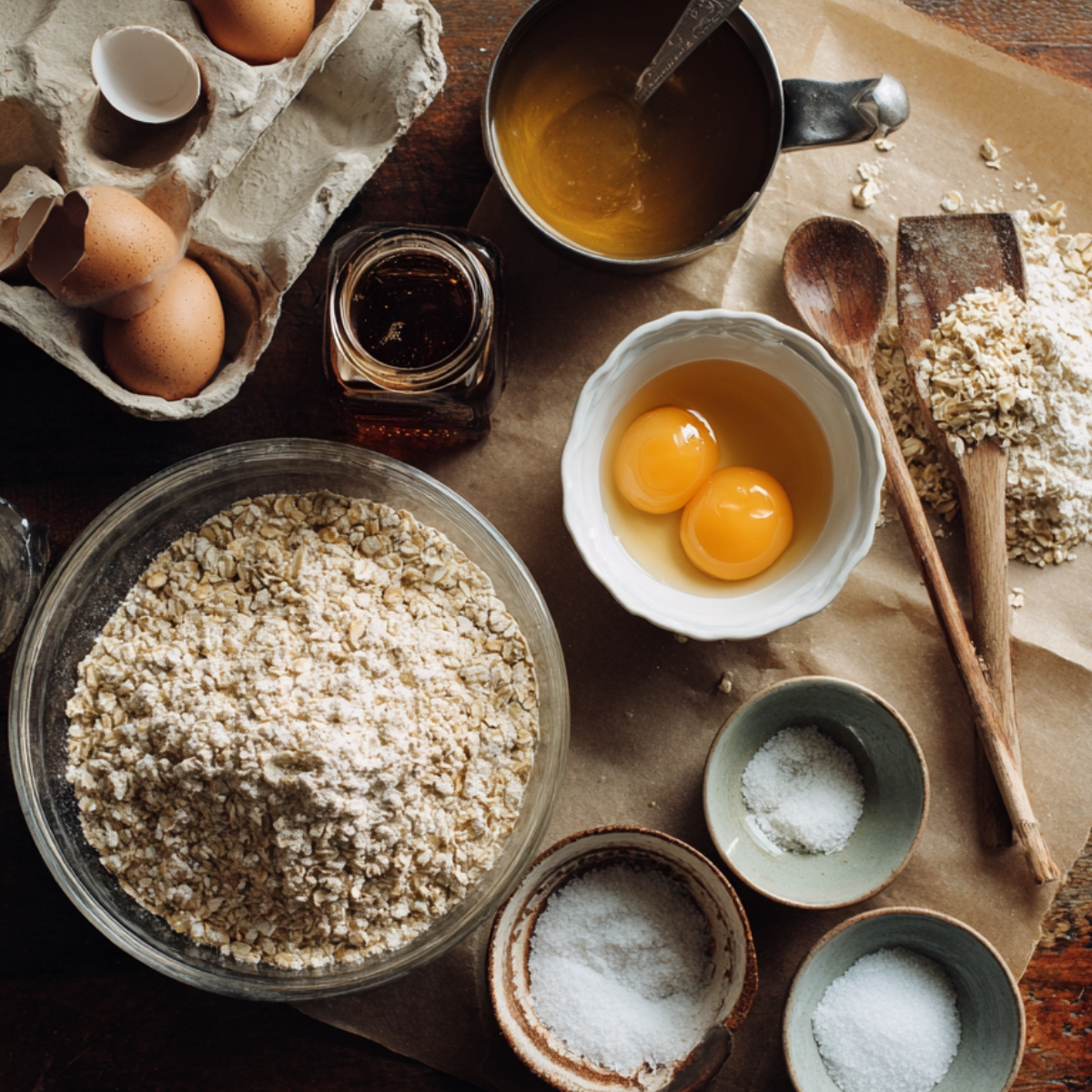 A rustic wooden tabletop strewn with baking essentials: a large glass bowl overflowing with old-fashioned oats, a paper egg carton holding three brown eggs and cracked shells, a small ramekin with two egg yolks, a metal measuring cup of melted butter, a jar of vanilla extract, three ceramic dishes containing flour, baking soda, and salt, plus a wooden spoon and a swath of parchment paper—all captured in warm, diffused daylight with a shallow depth of field.
