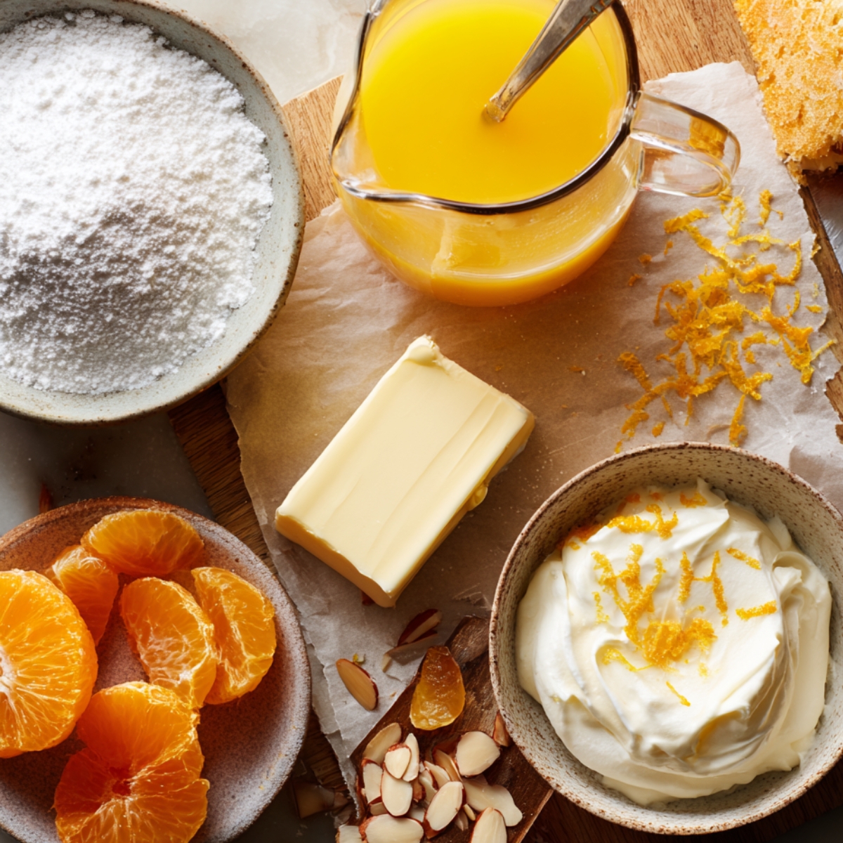 Overhead view of a baking scene: powdered sugar in a bowl, a jug of orange juice, butter on parchment, orange zest curls, peeled orange segments, almond slivers, and creamy batter—lit by soft natural light.