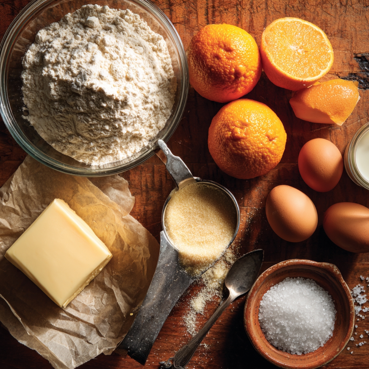 Rustic tabletop with cake ingredients: a bowl of flour, three oranges (one halved), a tilt­ing cup of sugar, four eggs, a pitcher of buttermilk, a pat of butter on parchment, and a small dish of coarse salt.
