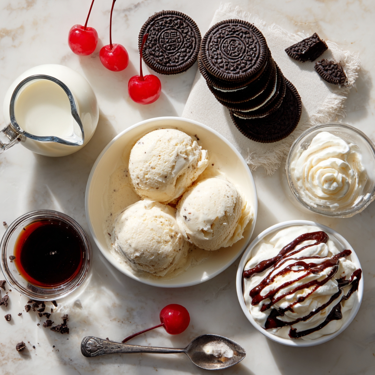 Overhead view of a marble countertop showcasing all the Oreo milkshake fixings: a small milk pitcher, three maraschino cherries, a neat stack of Oreo cookies on a linen napkin, a bowl of vanilla ice cream scoops, dishes of whipped cream and chocolate syrup, and a glass ready for blending.