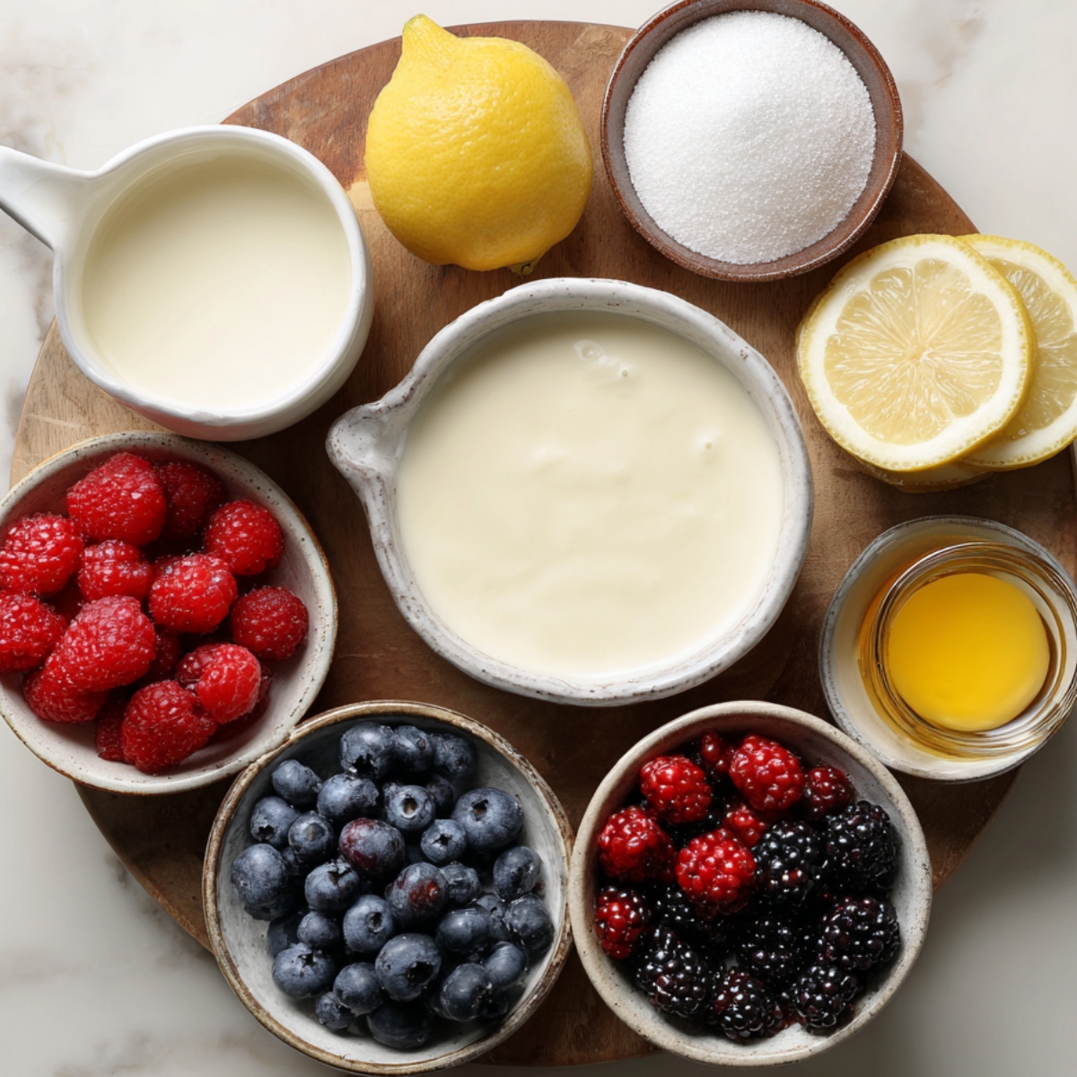 A round wooden board arranged with all the panna cotta components: in the center, a small ceramic pitcher of smooth cream; above it, a whole bright yellow lemon and a wooden bowl heaped with granulated sugar; to the right, a stack of thin lemon slices and a small glass of golden honey; below, three small bowls each filled with fresh raspberries, plump blueberries, and mixed blackberries.