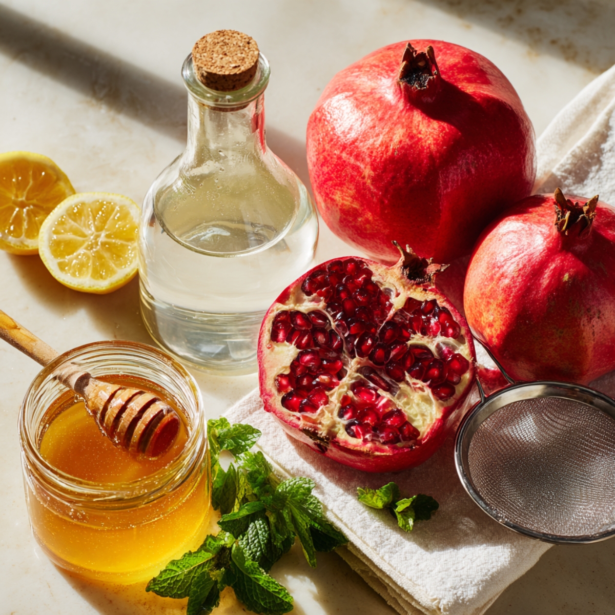 A bright marble countertop laid with fresh pomegranate juice ingredients: two whole pomegranates and one halved to reveal glistening red arils, a small glass jar of golden honey with a wooden honey dipper resting inside, a clear glass bottle of lemon juice capped with cork, two lemon halves, a fine-mesh strainer set atop a folded white kitchen towel, and a cluster of fresh mint leaves all bathed in soft natural light highlighting each texture and color