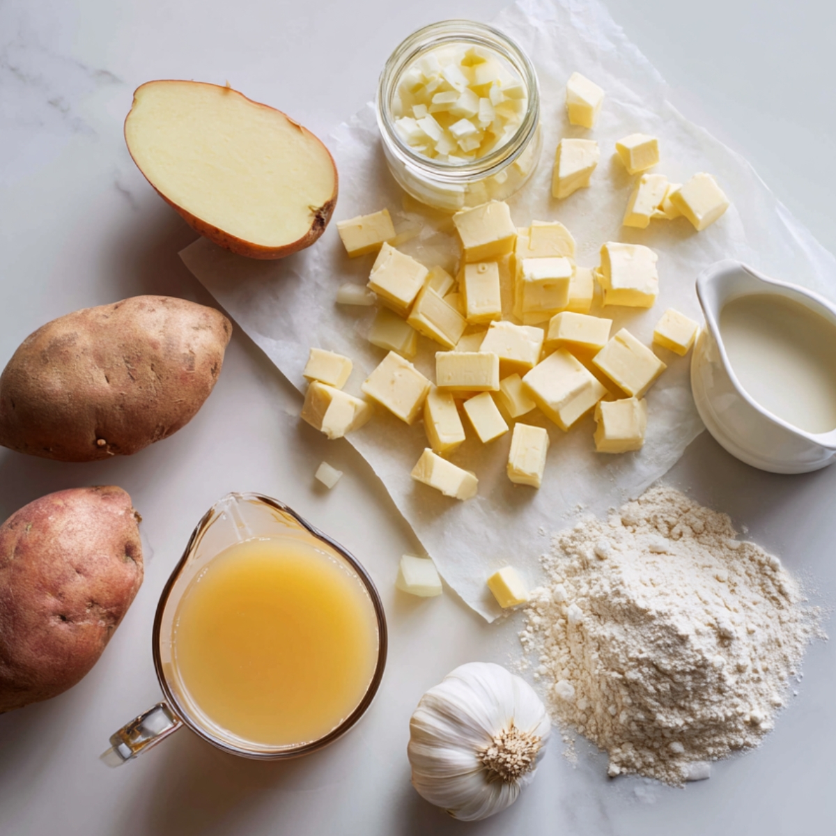 Top-down view on white marble of thick-cut bacon strips on a wooden board, a block of sharp cheddar cheese on parchment, a small bowl of sour cream, sliced fresh chives, salt and pepper in porcelain spoons, with celery stalks, carrot rounds, bay leaves, and a ramekin of paprika artfully scattered around.
