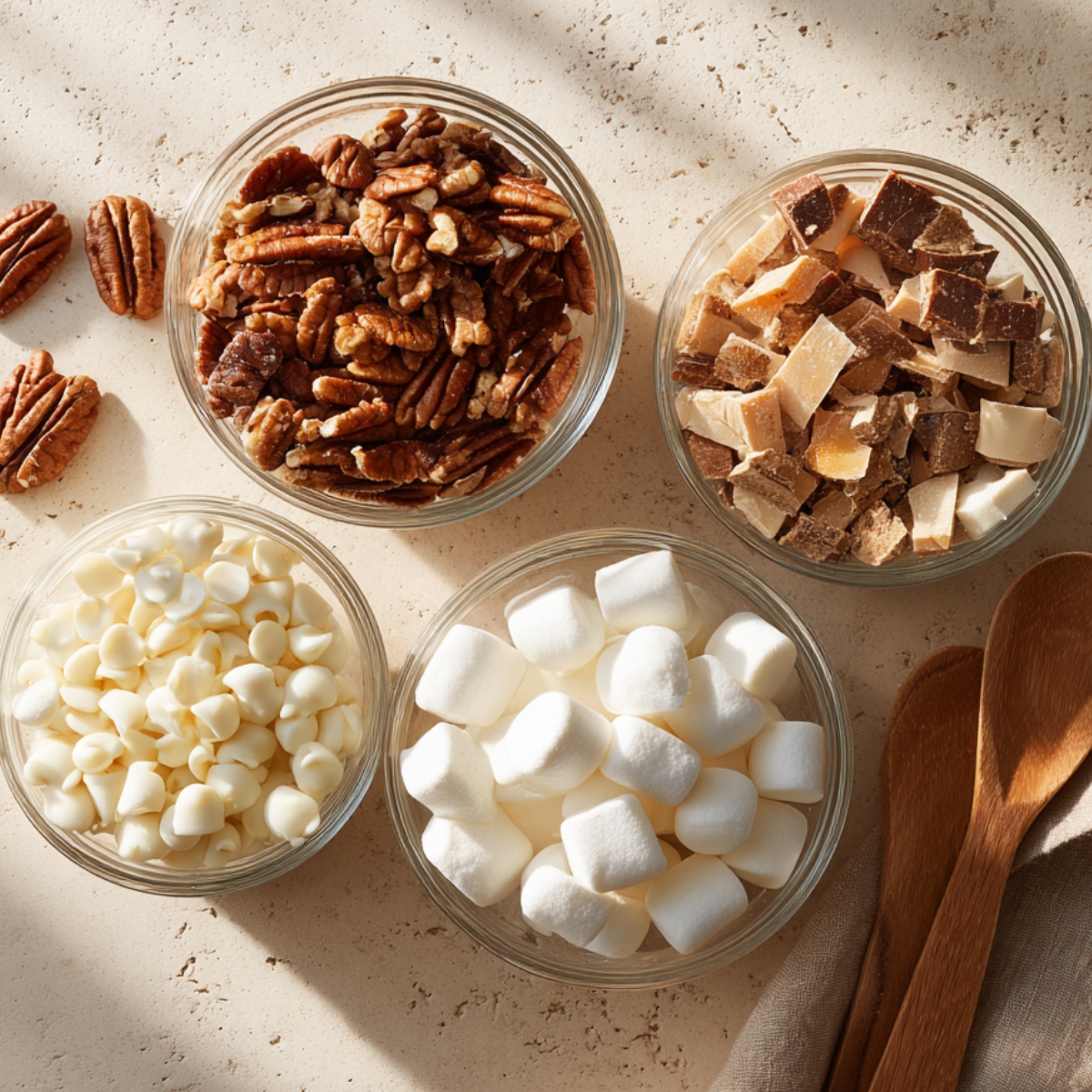 Four small glass bowls filled with pumpkin dump cake add-ins: chopped pecans, mini marshmallows, caramel bits, and white chocolate chips. The bowls are arranged on a beige stone counter with warm natural sunlight casting soft shadows, creating a rustic prep scene.