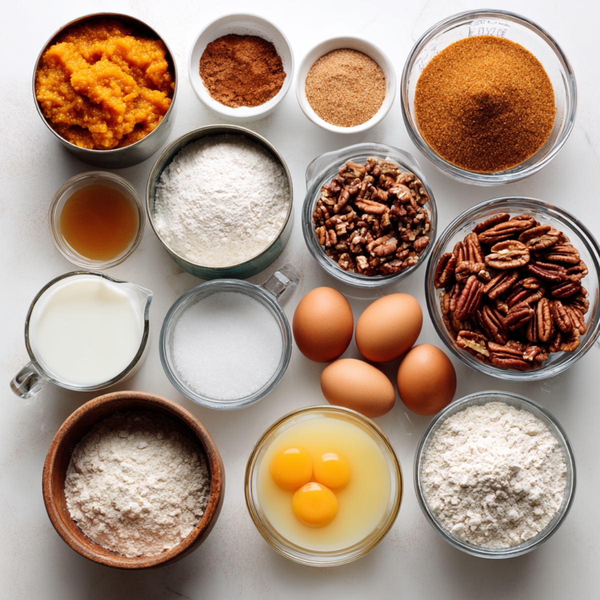 A flat lay of all ingredients needed to make pumpkin dump cake. Includes canned pumpkin, flour, sugar, eggs, brown sugar, milk, chopped pecans, vanilla, and spices—all placed in small bowls and measuring cups on a white background. The lighting is bright and clean, perfect for a baking recipe blog.