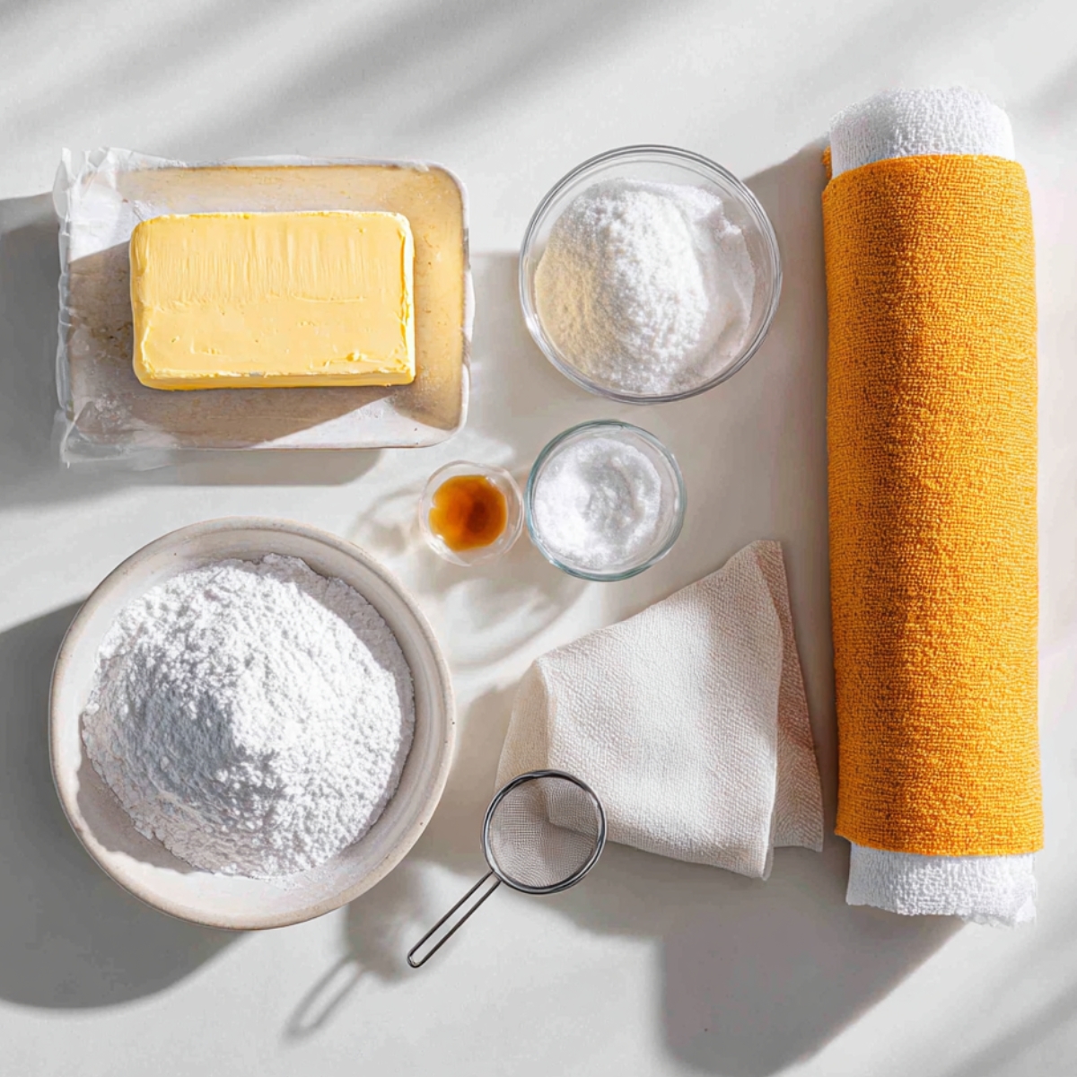 Flatlay of butter, powdered sugar, vanilla, salt, sieve, parchment and towels—tools for pumpkin roll filling.