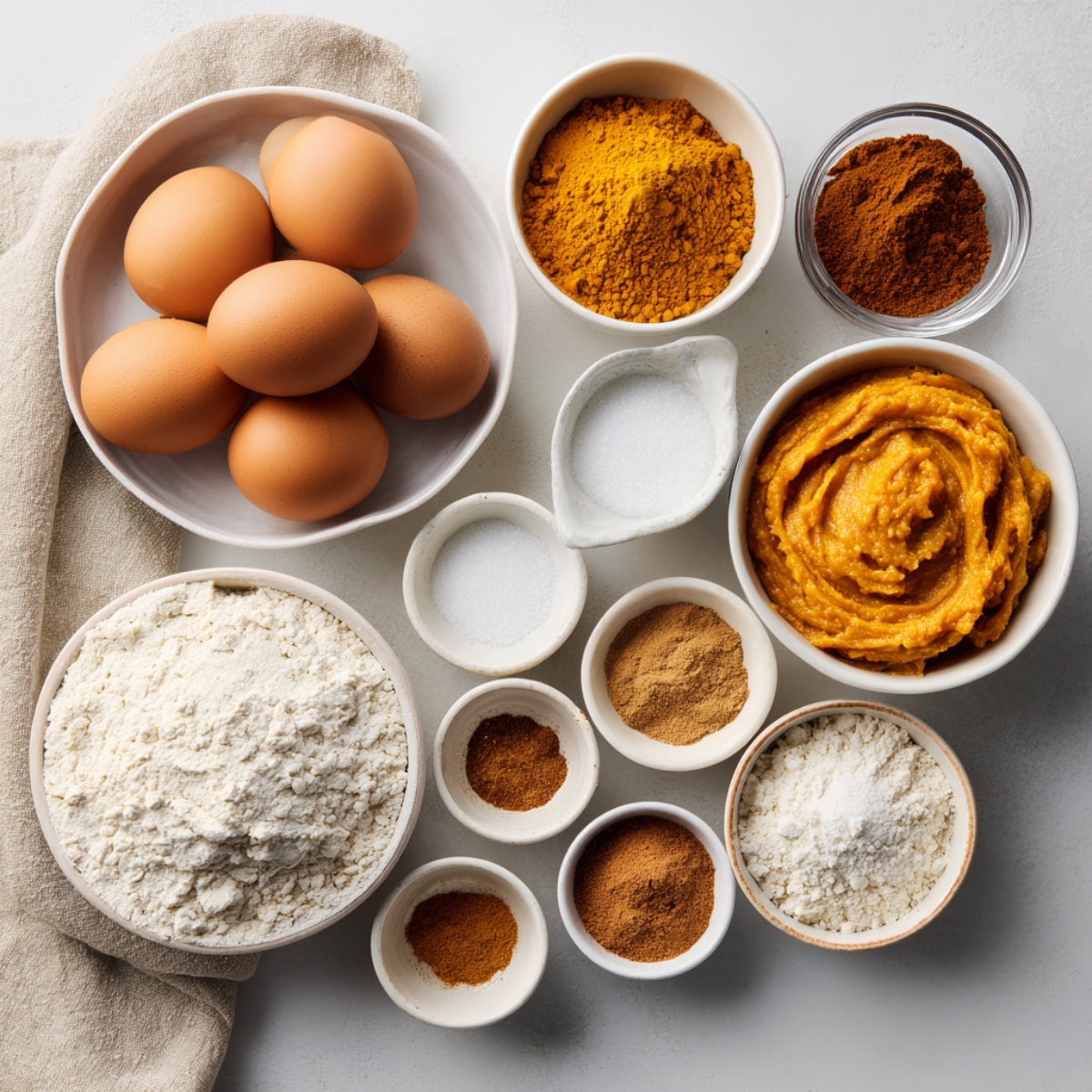 Top-down arrangement of eggs, flour, pumpkin puree, sugars and warm spices in small bowls for pumpkin roll cake.
